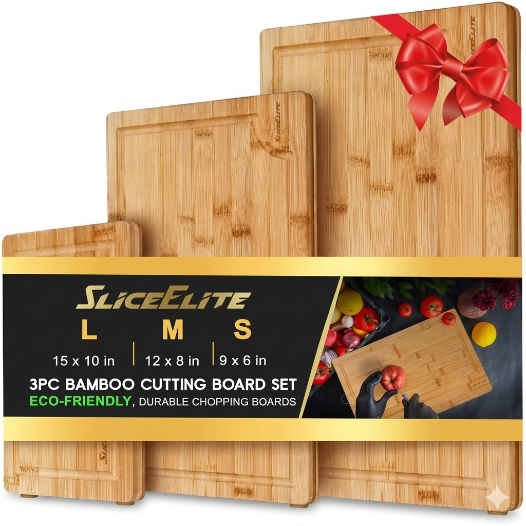 SliceElite Bamboo Cutting Board Set of 3 Wood Chopping Boards Kitchen Prep Meat