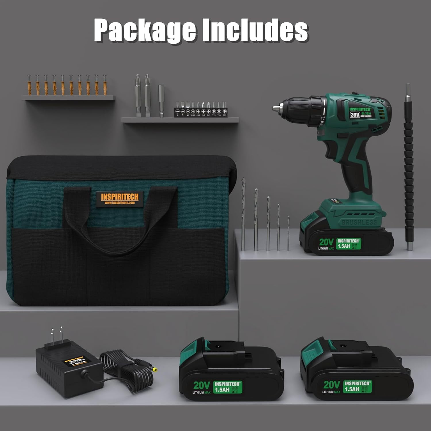20V Cordless Brushless Power Drill Set with 2 Batteries and Charger, Tool Bag