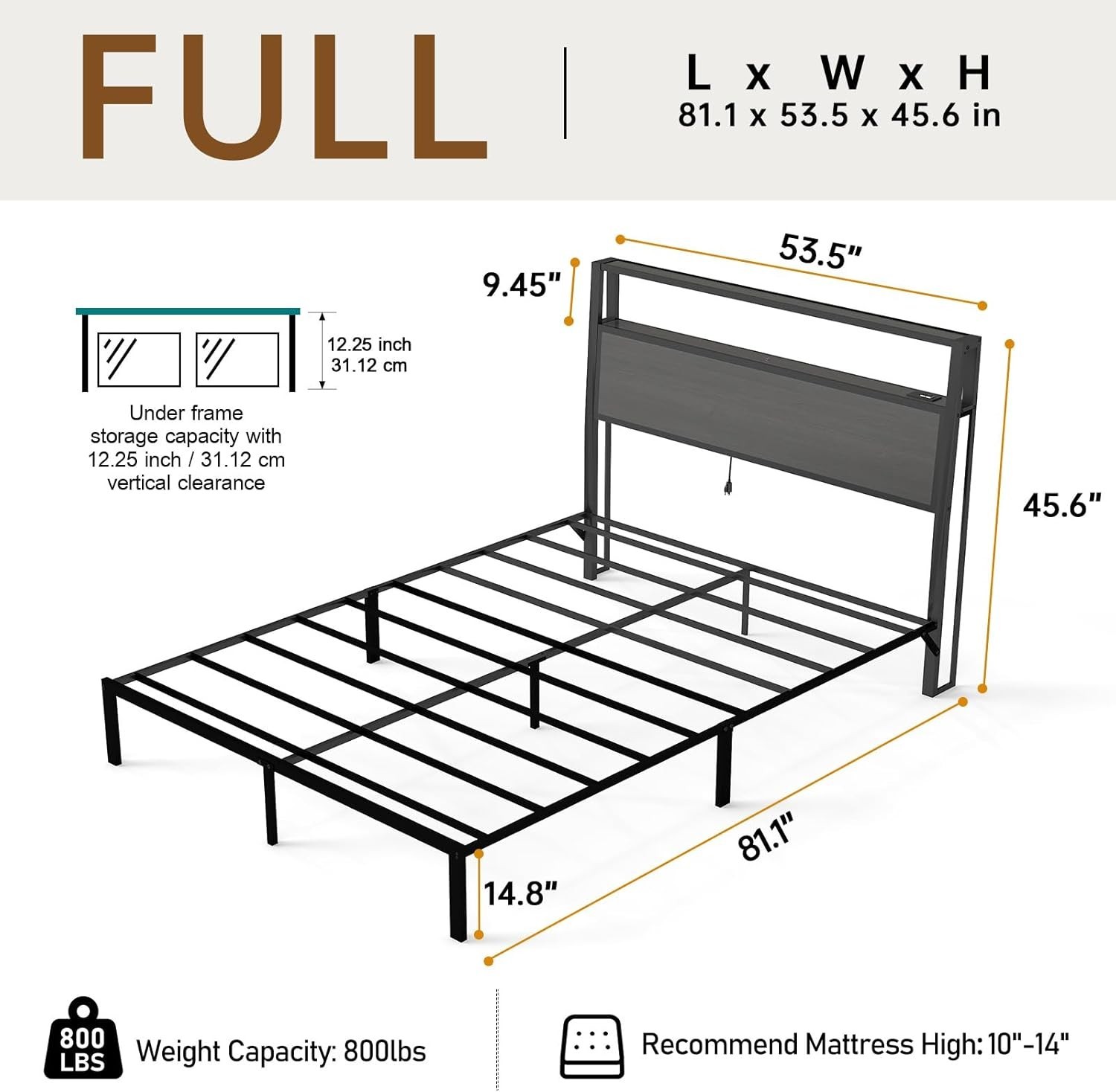 Queen Full Size Bed Frame with Storage Headboard &Charging Station＆ LED Lights