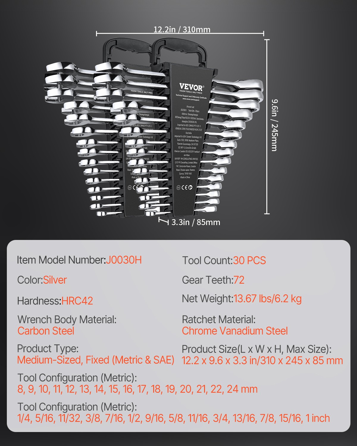 Combination Wrench Set 30 PCS SAE 1/4″ to 1″, Metric 8mm to 24mm Organizer Rack