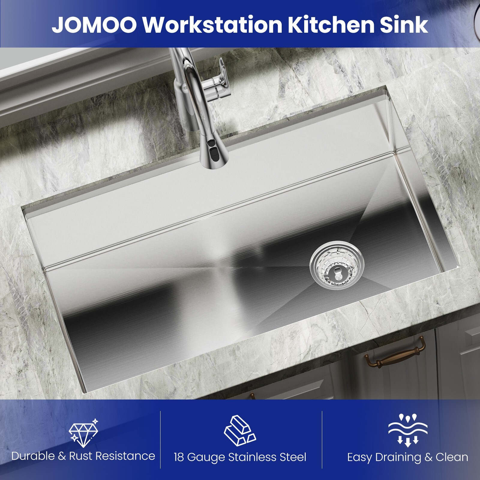 JOMOO 32″ Drop-In Kitchen Sink Workstation 18-Gauge Brushed Stainless Steel Bowl