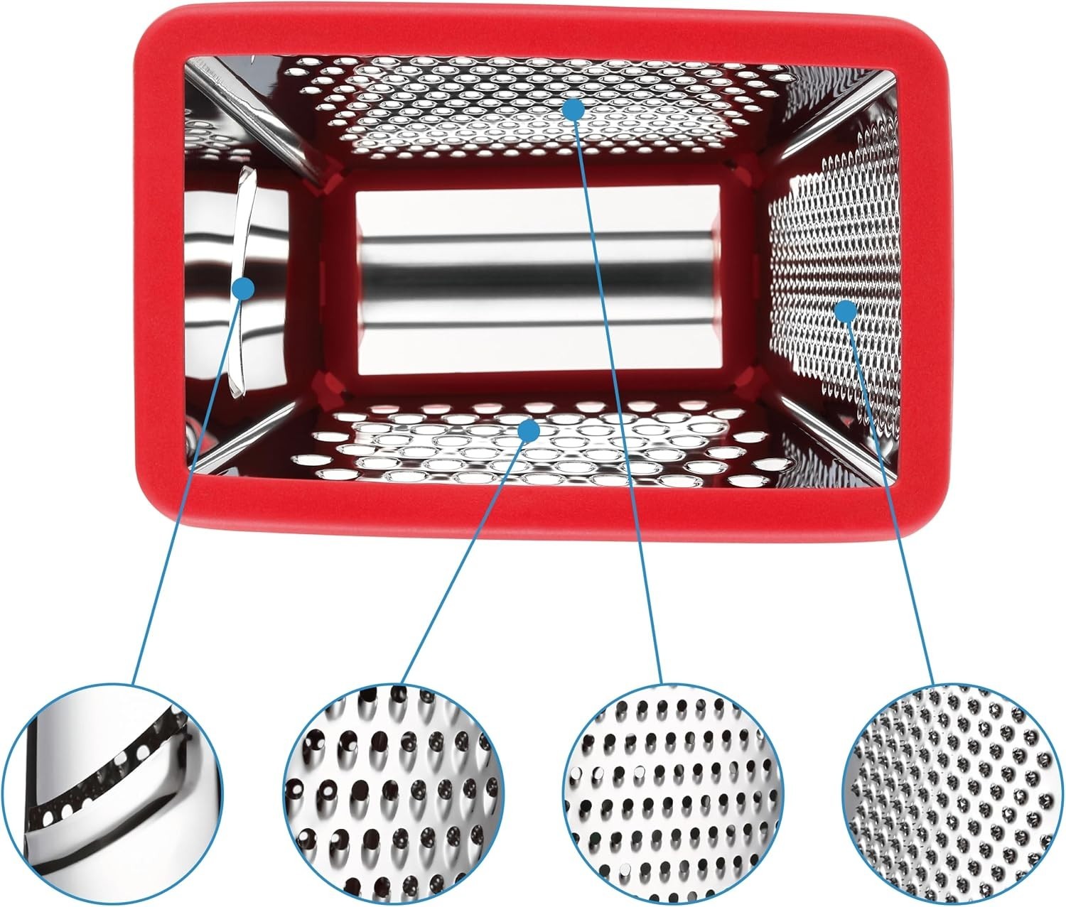Stainless Steel XL Cheese Grater for Kitchen, Red | 4 Sided Manual Metal Box …