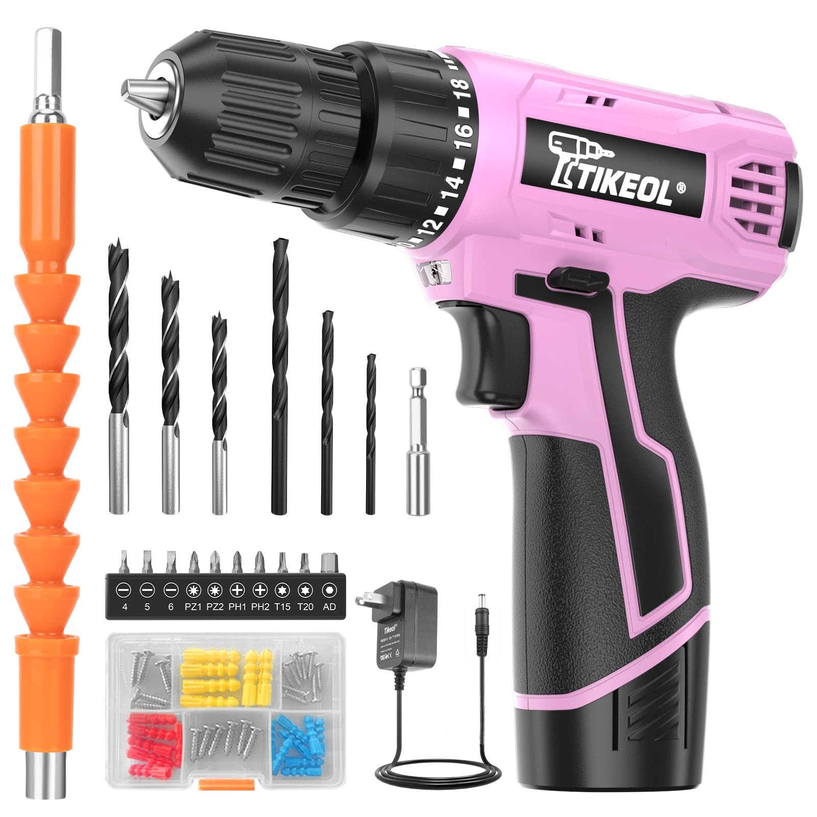 12V Cordless Drill Set with Battery & Charger, Electric Power Drill with Pure Co