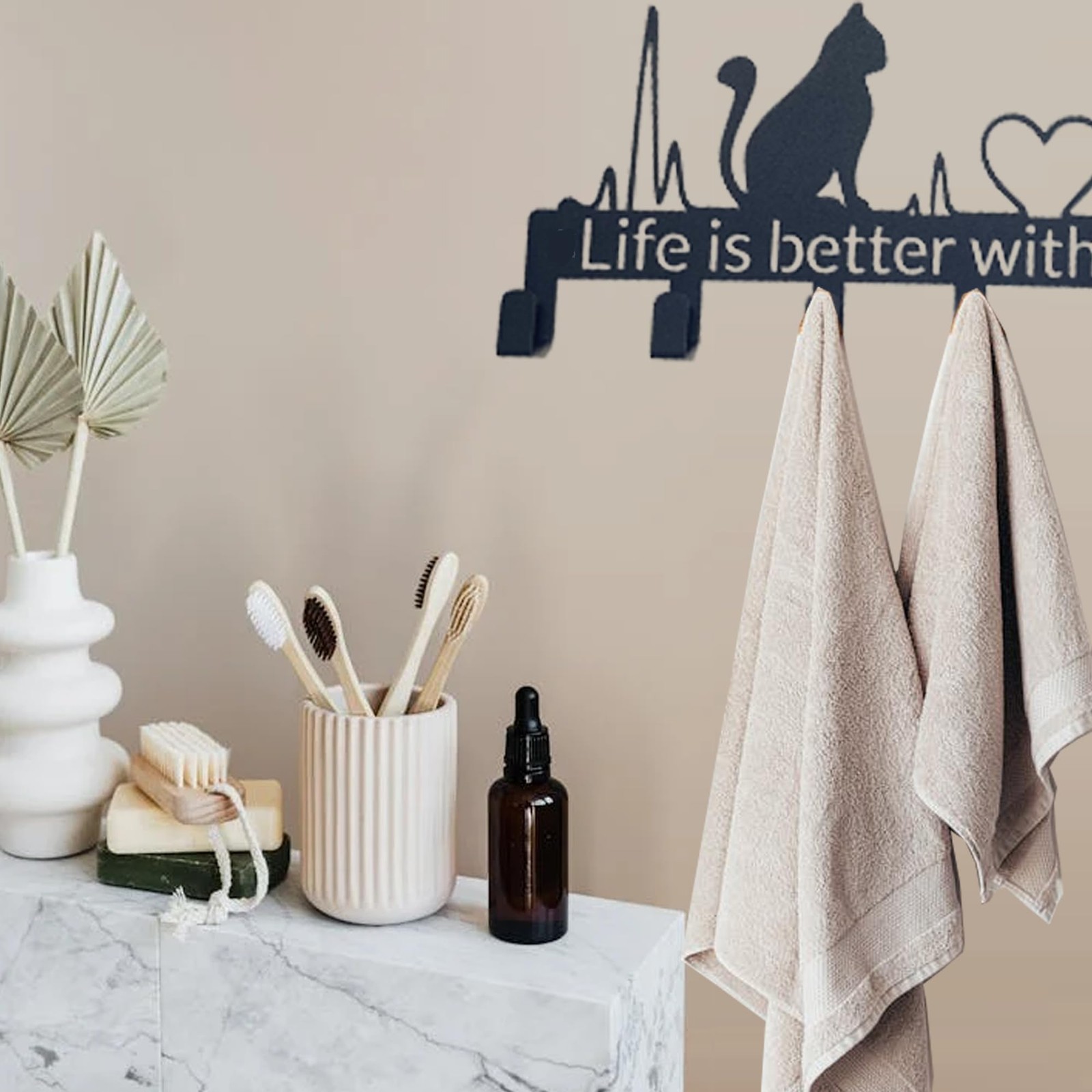 9.8 In Black Cute Cat Key Holder Wall Mount 6 Hooks Organizer Rustproof