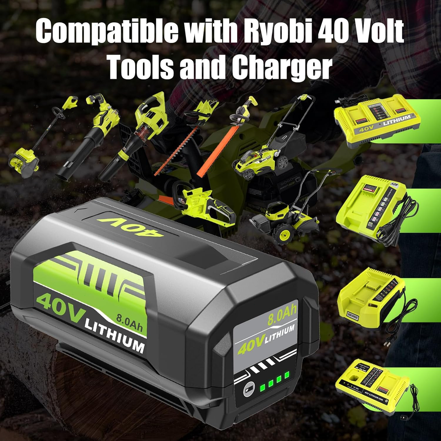 1-2PACK 8.0Ah Battery 40 Volt for Ryobi 40V Lithium-ion OP40602 Battery with LED