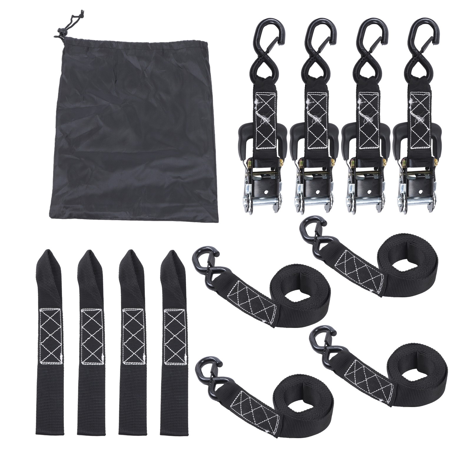 4 Pack 1.6″ x 8′ Ratchet Tie Down Straps Black 5208lbs Break Strength w/ S Hooks