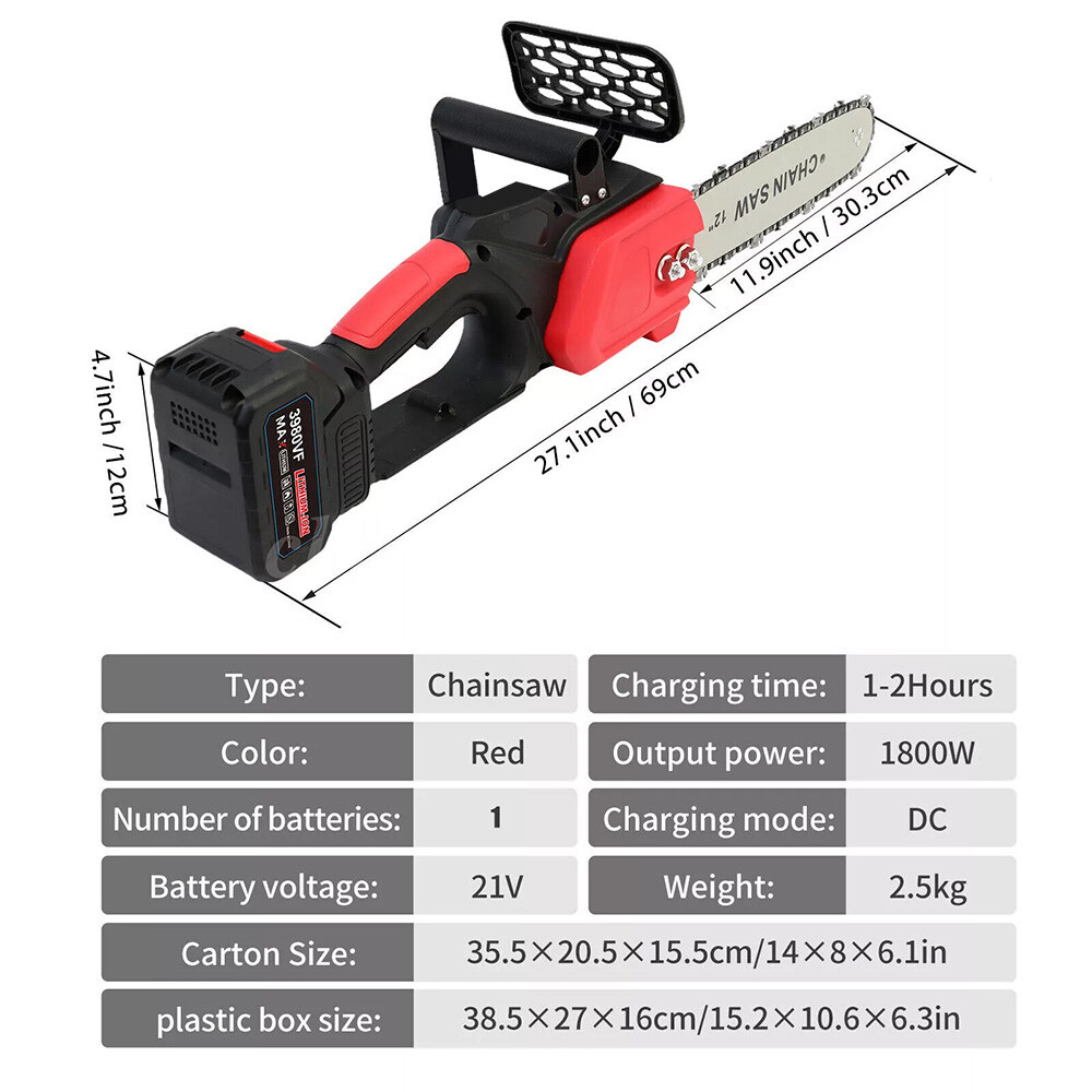 12″ Cordless Chainsaw 21V Brushless Electric Handheld Chain Saw +Battery&Charger