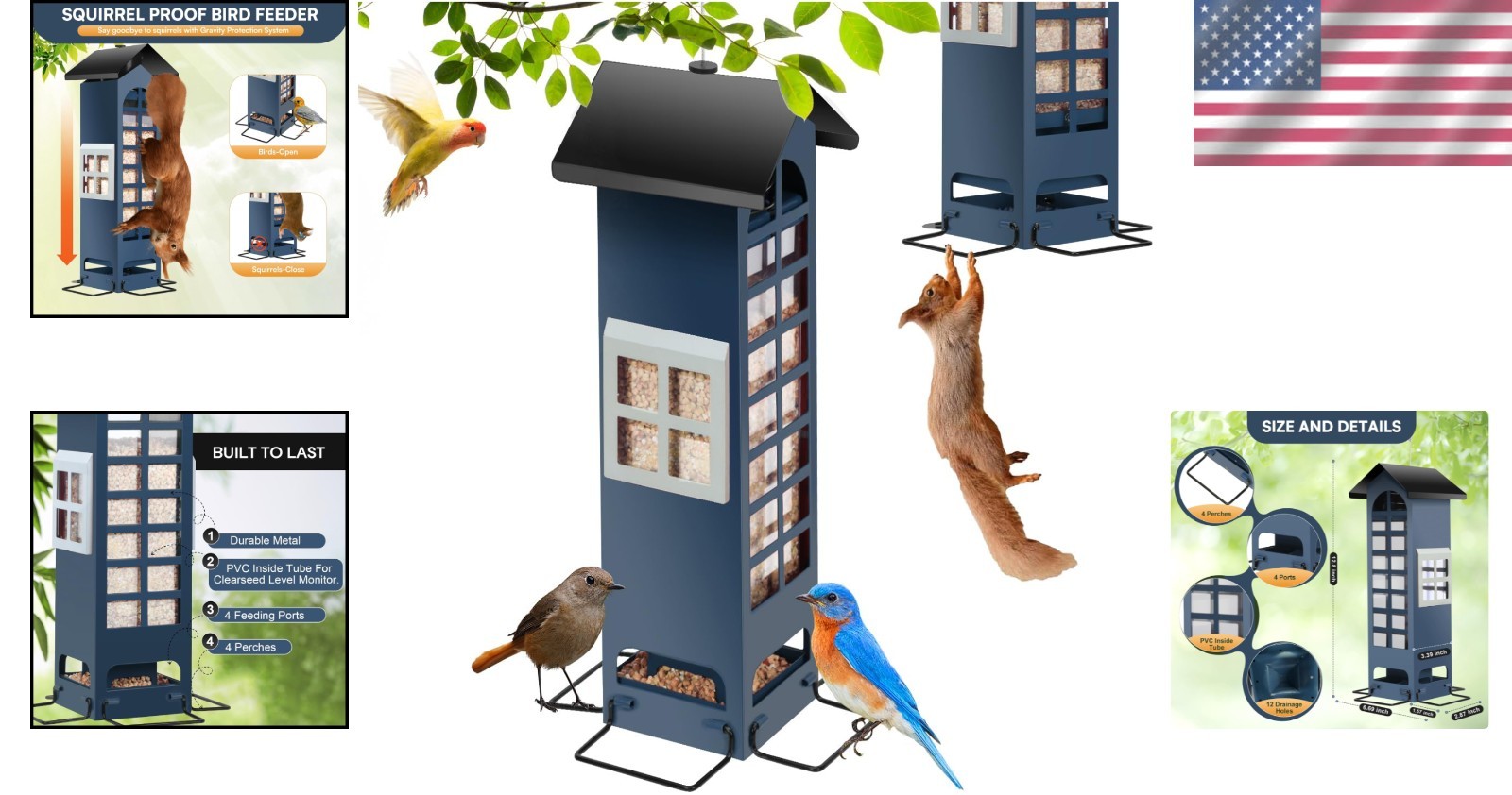 All-Weather Squirrel Proof Bird Feeder – 2LB Capacity, Adjustable Perches – Blue