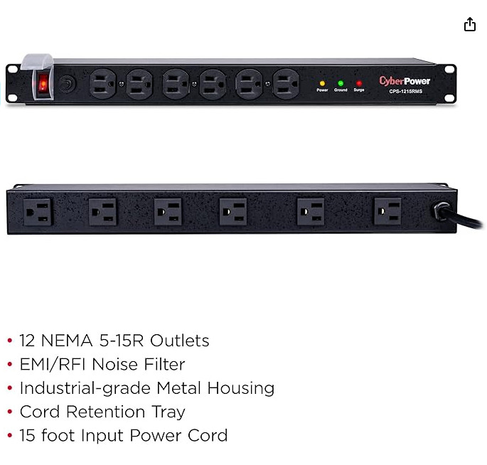 CyberPower CPS1215RMS Rackmount Surge Protector, 120V/15A, 12 Outlets, 15′ Cable