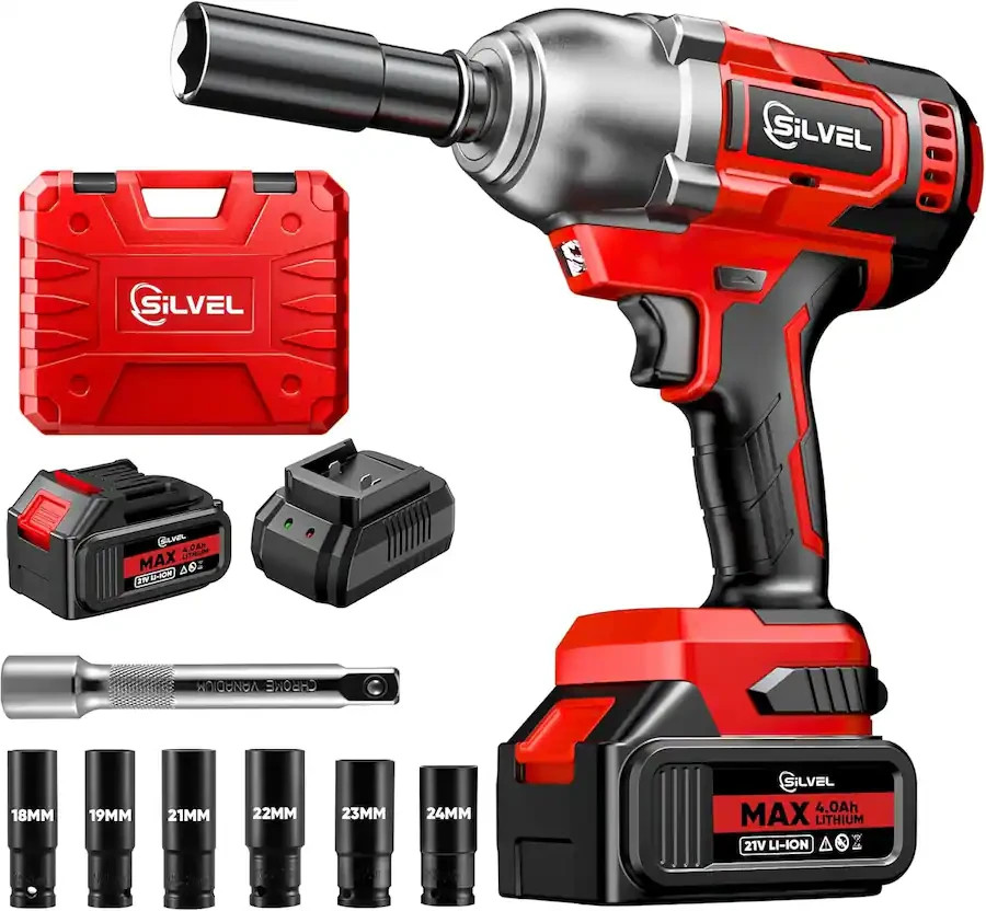 Silvel 650Nm Cordless Impact Wrench 1/2″ Drive 2*4.0Ah Battery Fast Charger