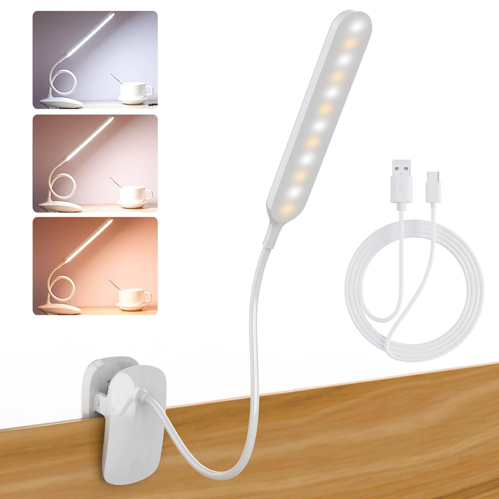 Desk Lamp, Table Lamp 1500mAh Dimmable Reading Lamp with Clamp and Type-C Cha…