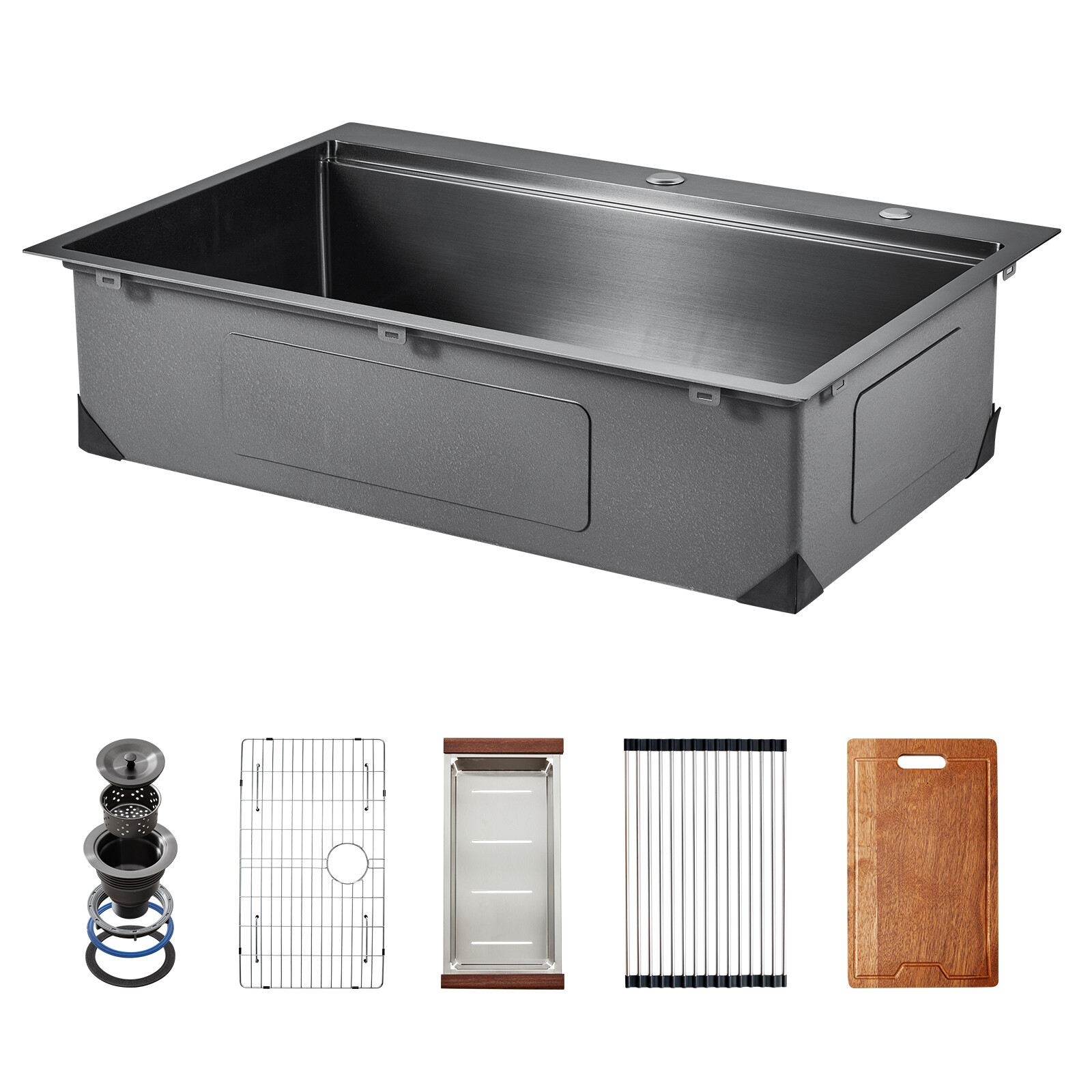 33″ Drop In Kitchen Sink Top Mount Single Bowl Basin Stainless Steel Black