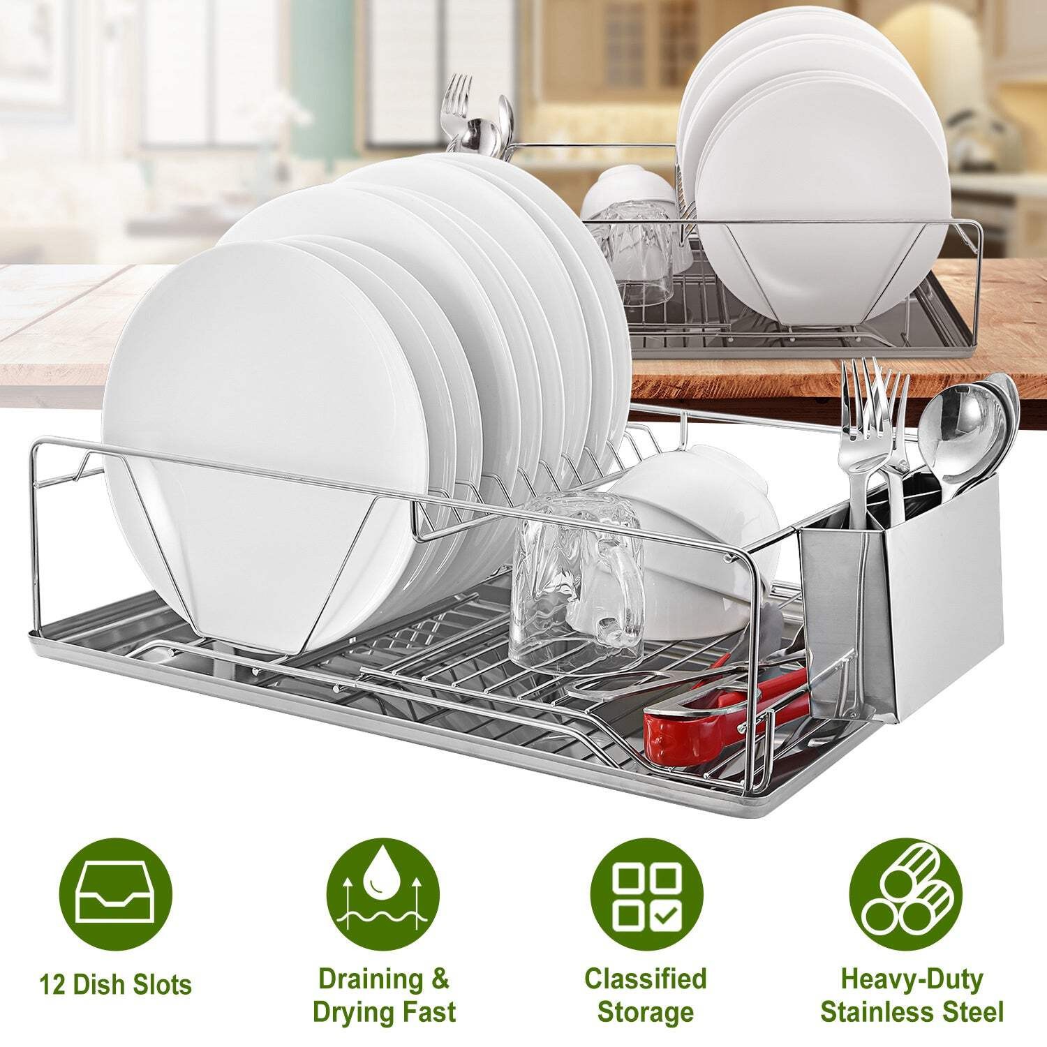 Dish Drying Rack Stainless Steel Dish Rack w/ Drainboard Cutlery Holder Kitchen