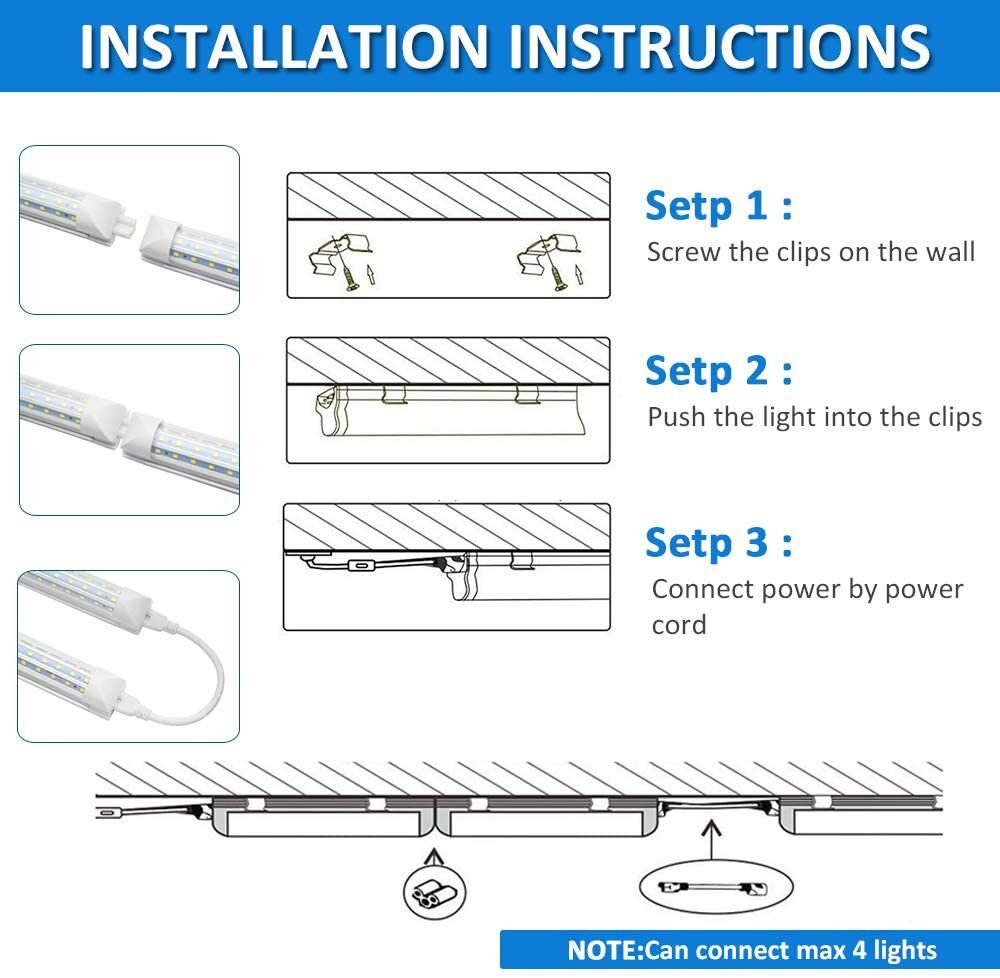 T8 4FT 8FT LED Shop Light Fixture Integrated 60W 120W Tube Light Bulbs D-Shape