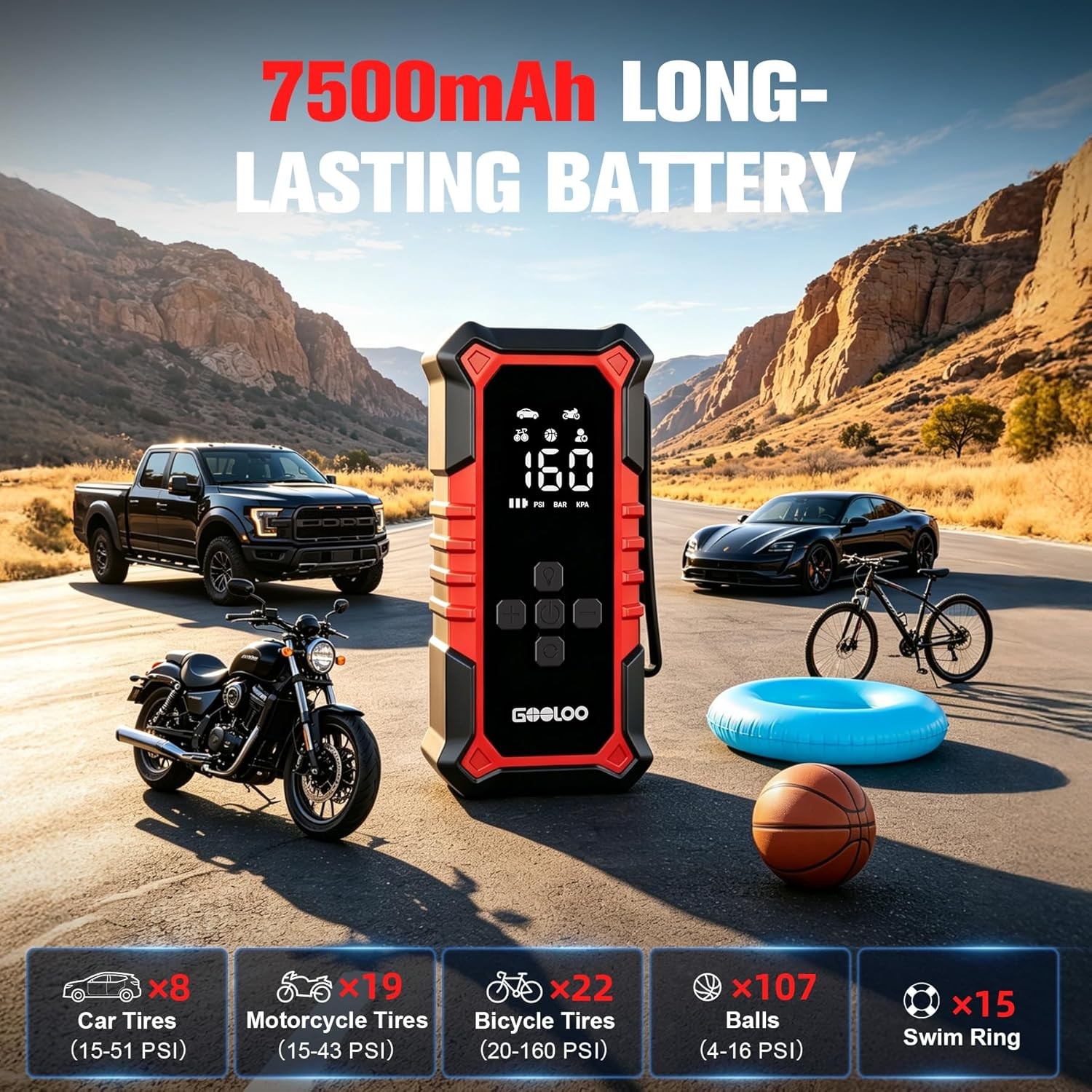 Portable Cordless 160 PSI 7500mAh Air Compressor Tire Inflator for Cars