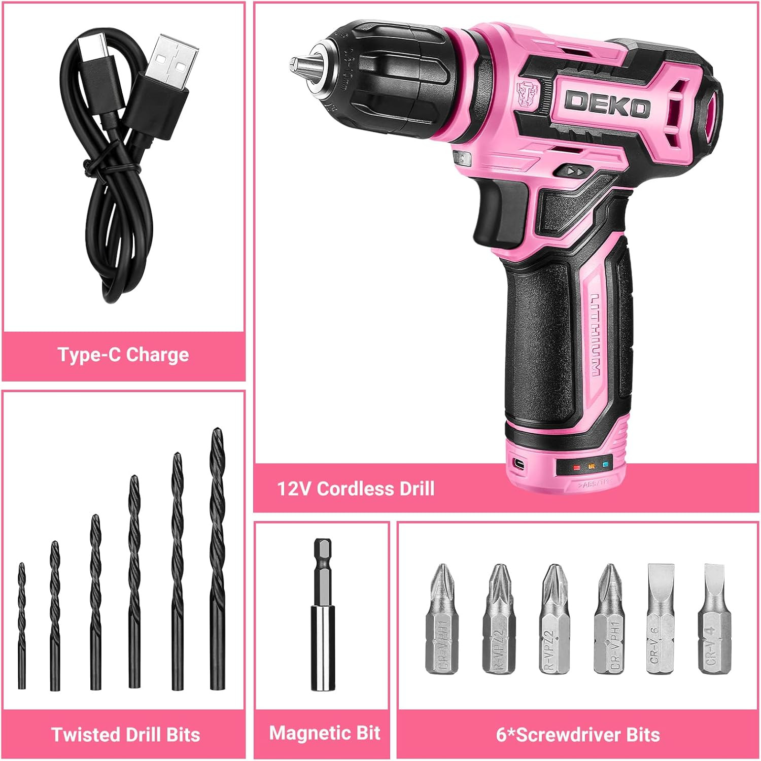 DEKOPRO 12V Cordless Power Drill Set, Pink, 800RPM Electric Drill with Tool Kit