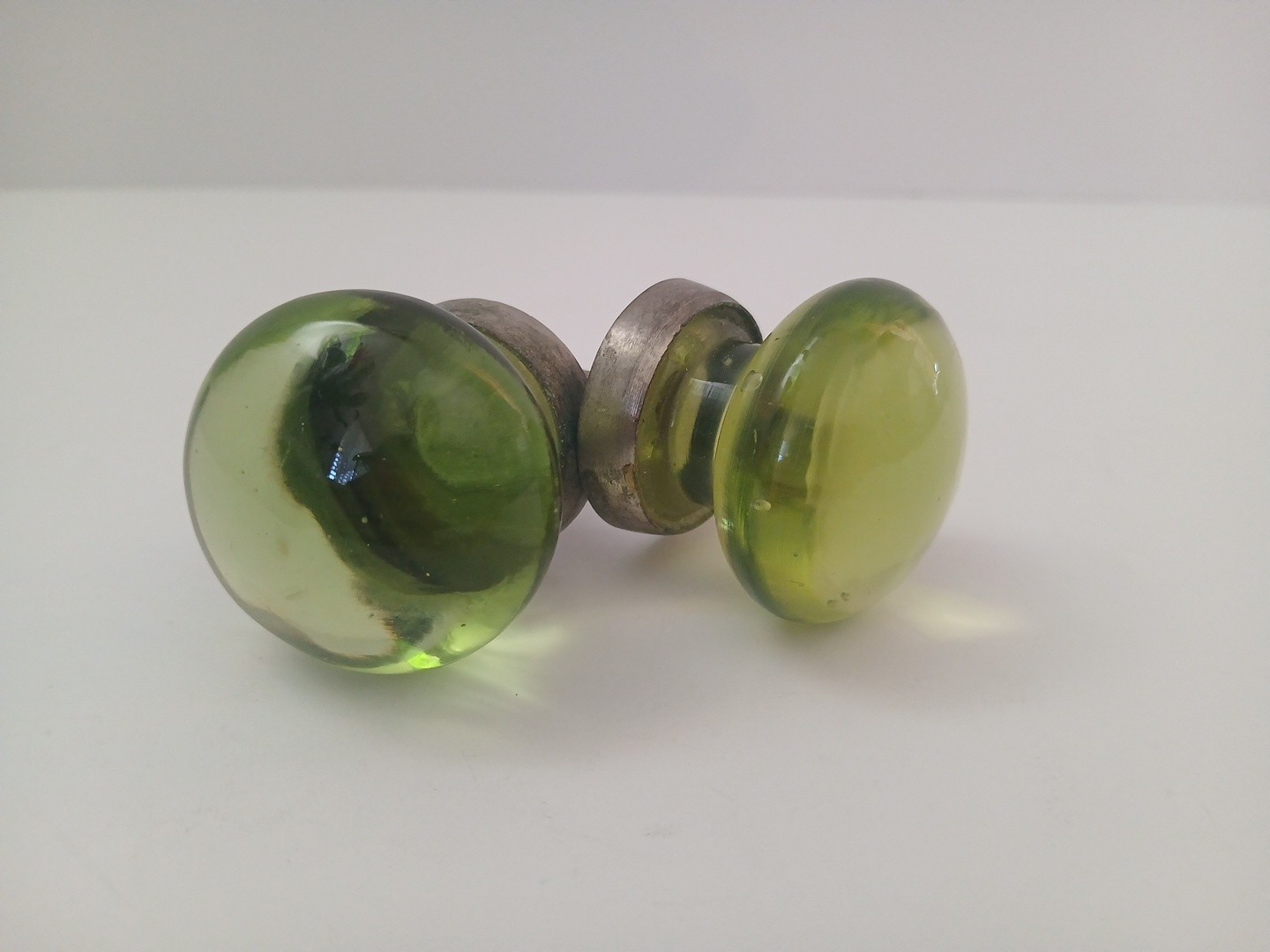 Pair Antique Coke Bottle Green Depression Glass Knobs Smooth Round Pulls 1.25″