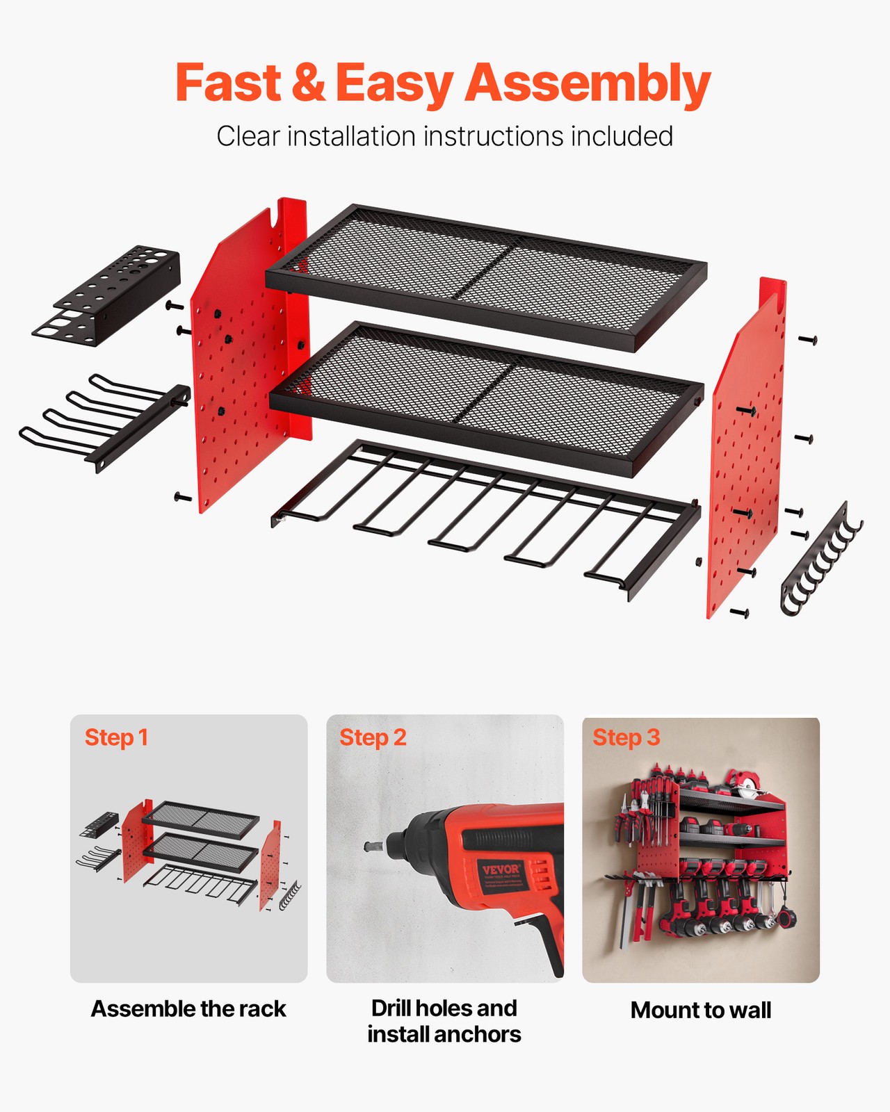 VEVOR Power Tool Organizer Wall Mount 3-Layer Drill Storage Rack 4 Drill Holders