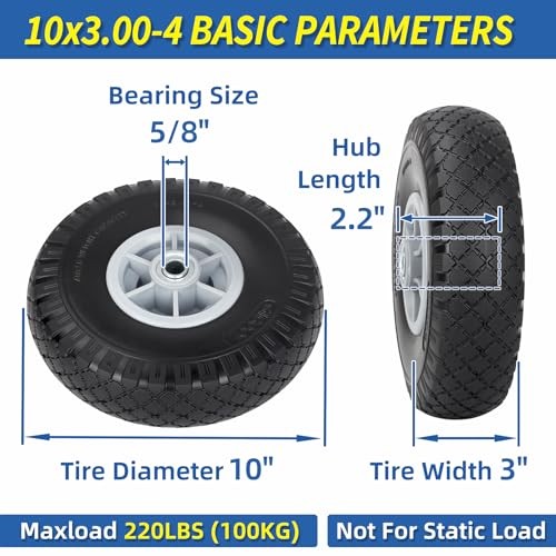 10×3.00-4 Flat Free Tire, 10″ Heavy Duty Replacement Tire and Wheel