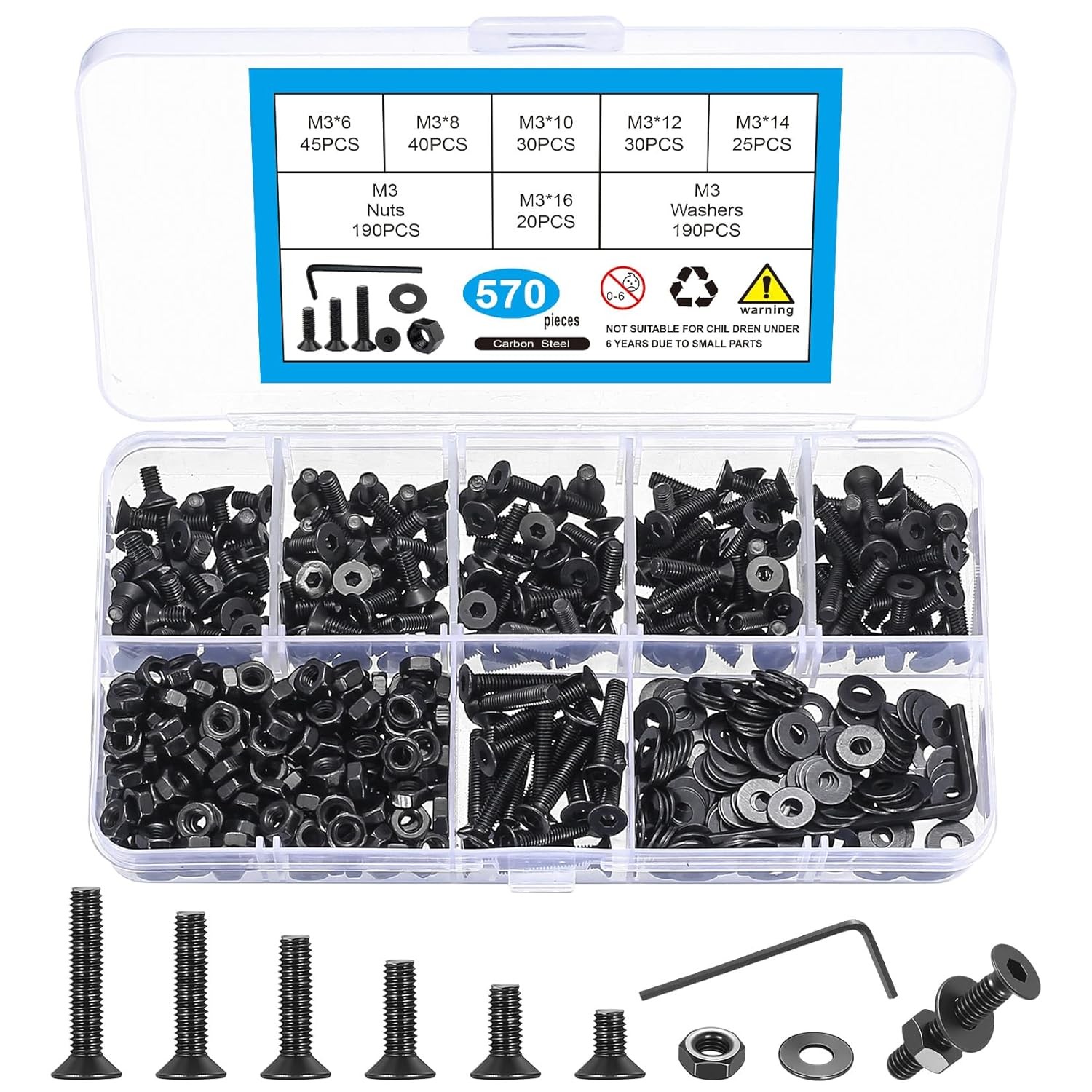 M2 M2.5 M3 Hex Socket Cap Screws Bolts Nut Washer Assortment Kit for DIY Project