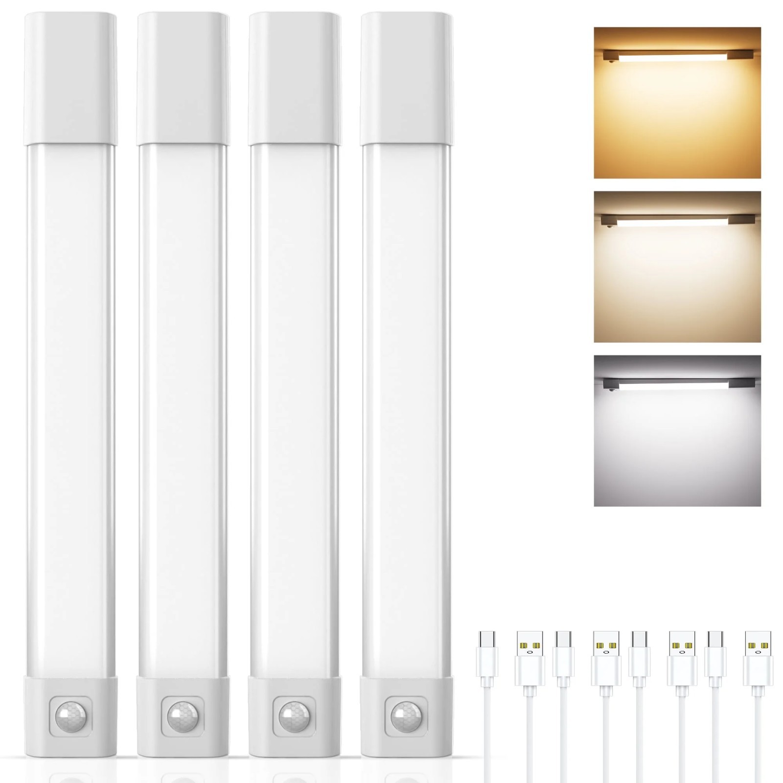 4 Pack Plastic USB LED Cabinet Lights with Toggle Switch, Under Shelf Lighting