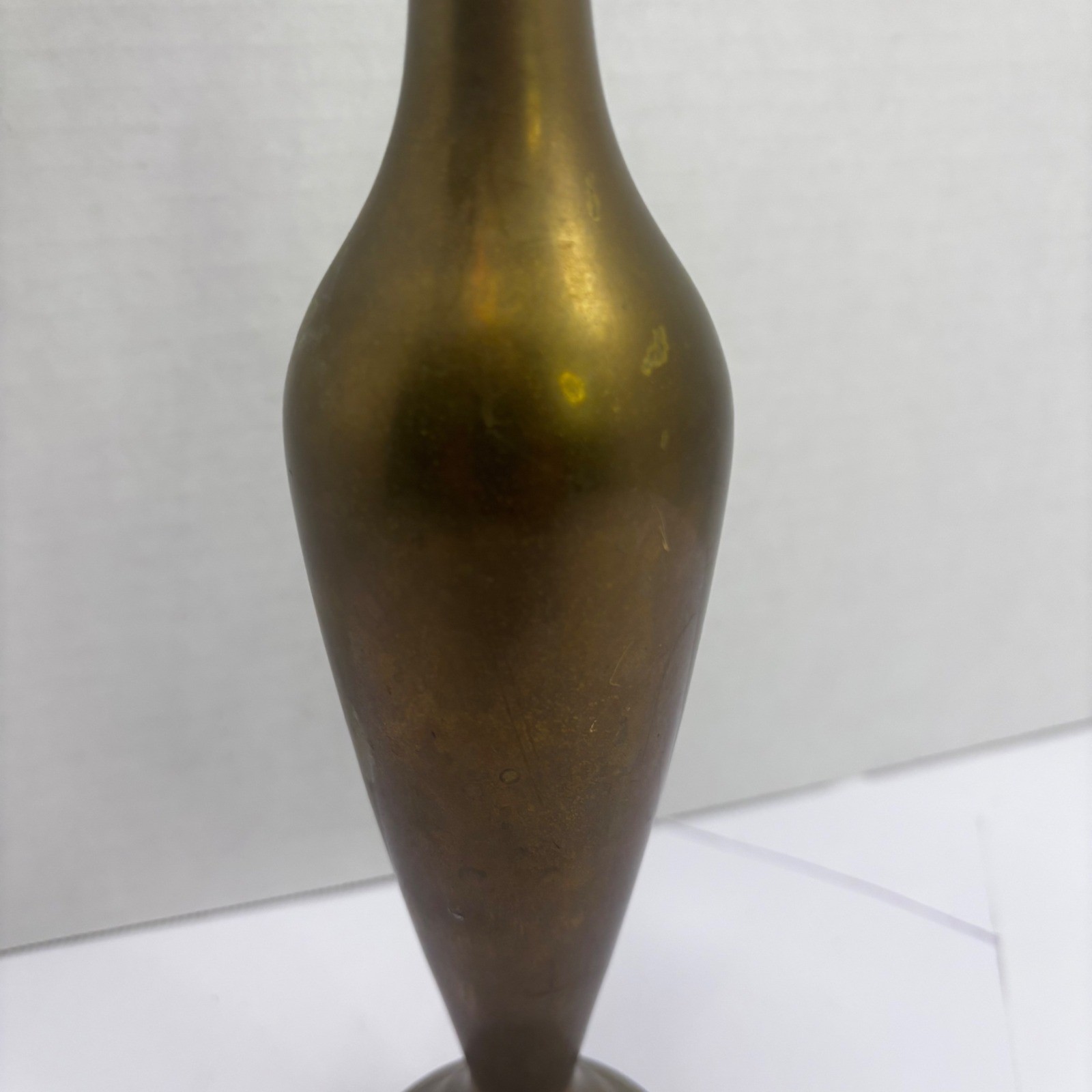 Vintage Solid Brass Bud Vase Tall Slender Flared Rim Pedestal Base Aged Patina