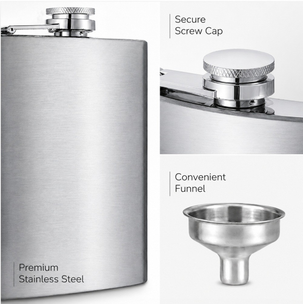 Stainless Steel Pocket Hip Flask -6 8 10 oz Liquor Flask with Screw Cap & Funnel