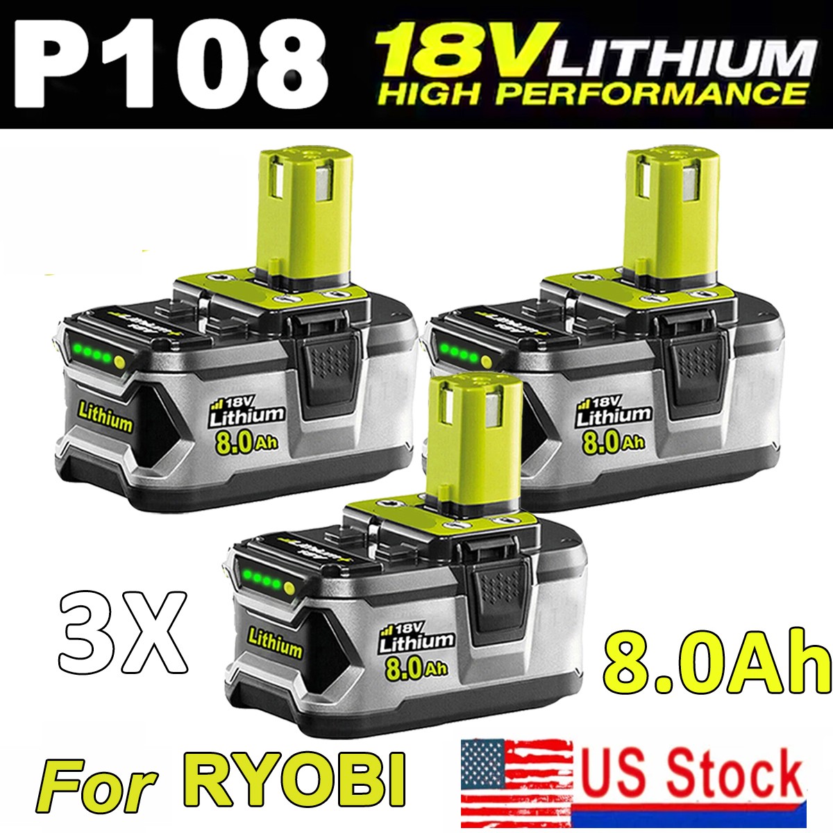 3PACK 18V 8.0Ah P108 One+Plus High Capacity Battery Lithium-Ion New for Ryobi
