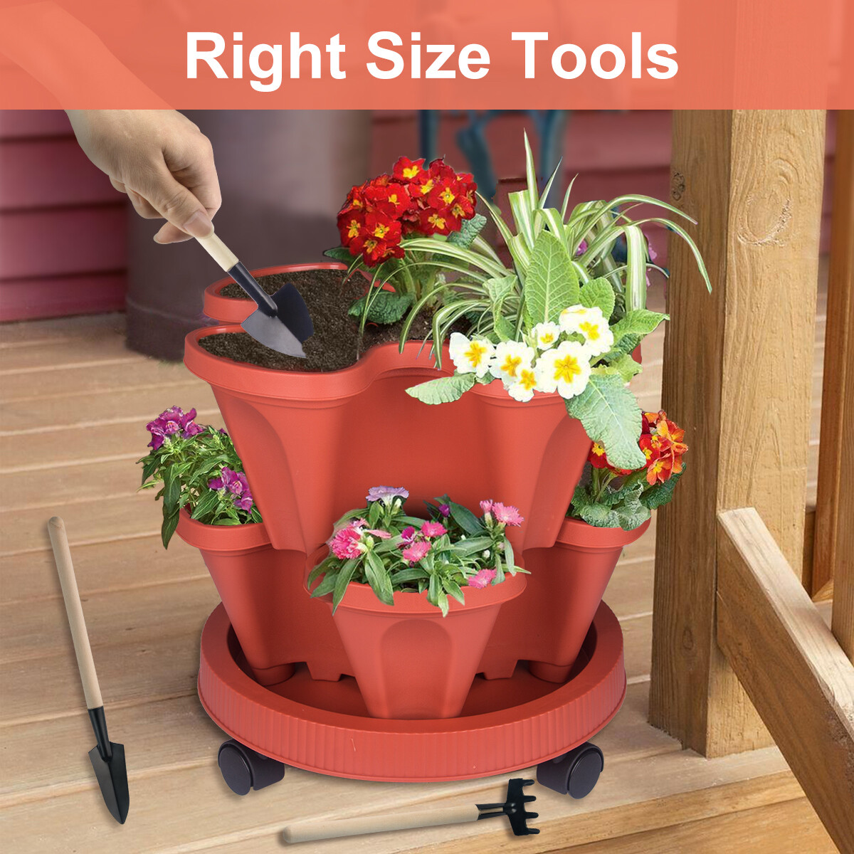 Vertical Planter 3-7 Tier Stackable Planters w/ Wheels & Tools Garden Tower Pot