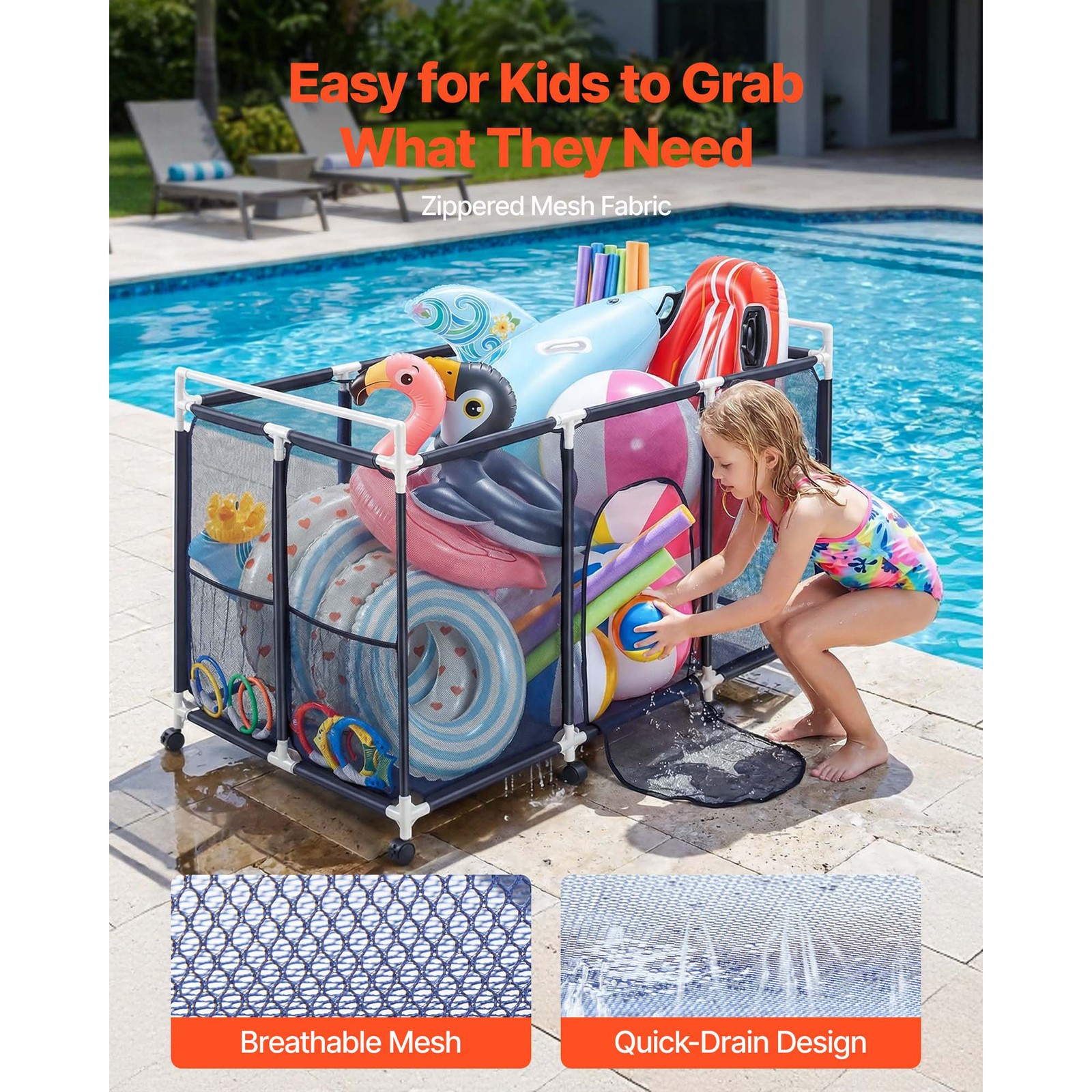 Rolling Pool Toy Storage Bin Organizer w/ Plastic / Metal Frame 8 Optional Size