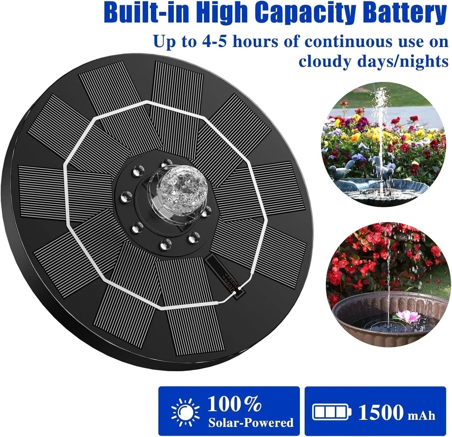 AISITIN 6.5W Solar Fountain Pump Water Pump Built-in 1500mAh Battery, 6 Nozzles