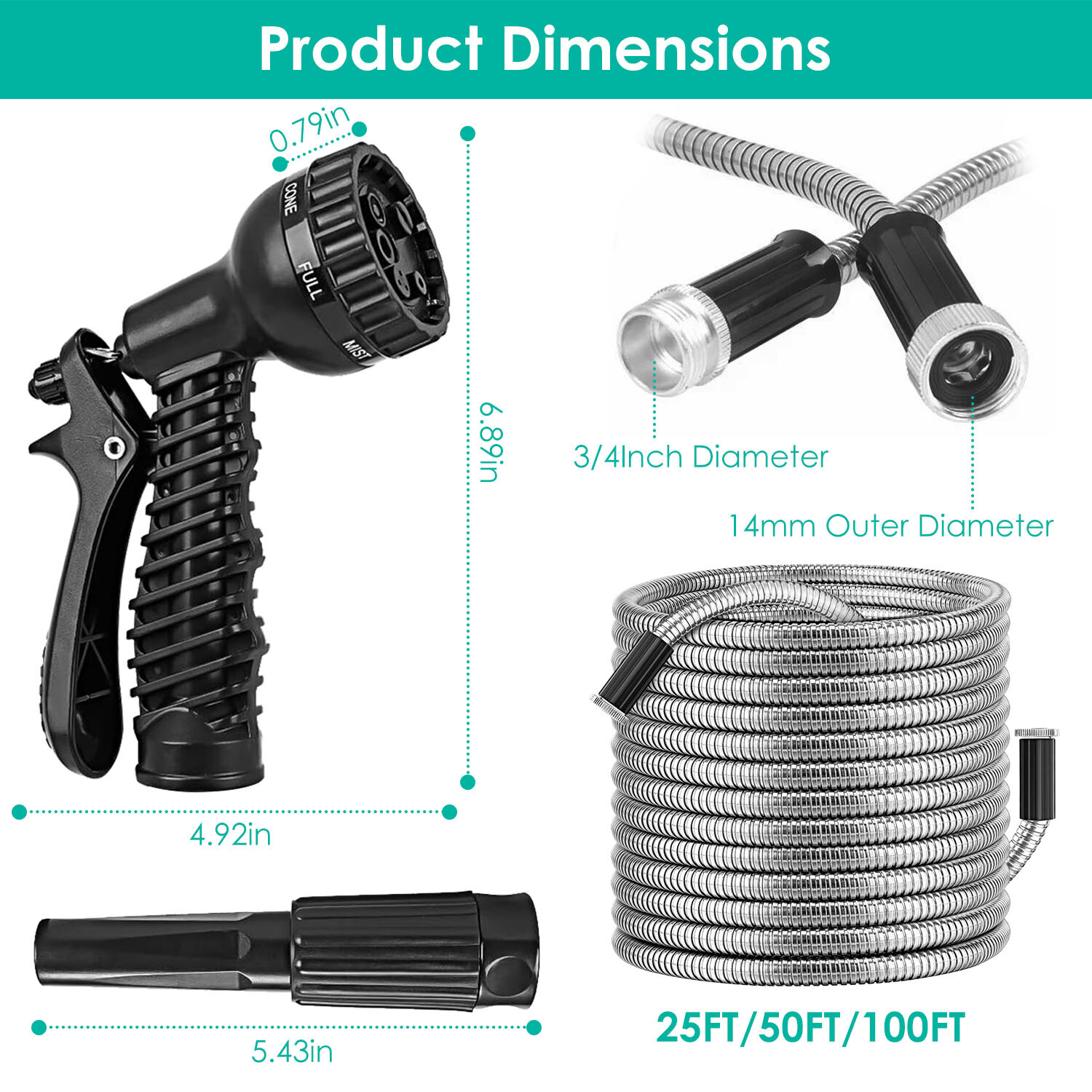 25-100FT 3/4″ Stainless Steel Metal Garden Water Hose Pipe Flexible Heavy Duty