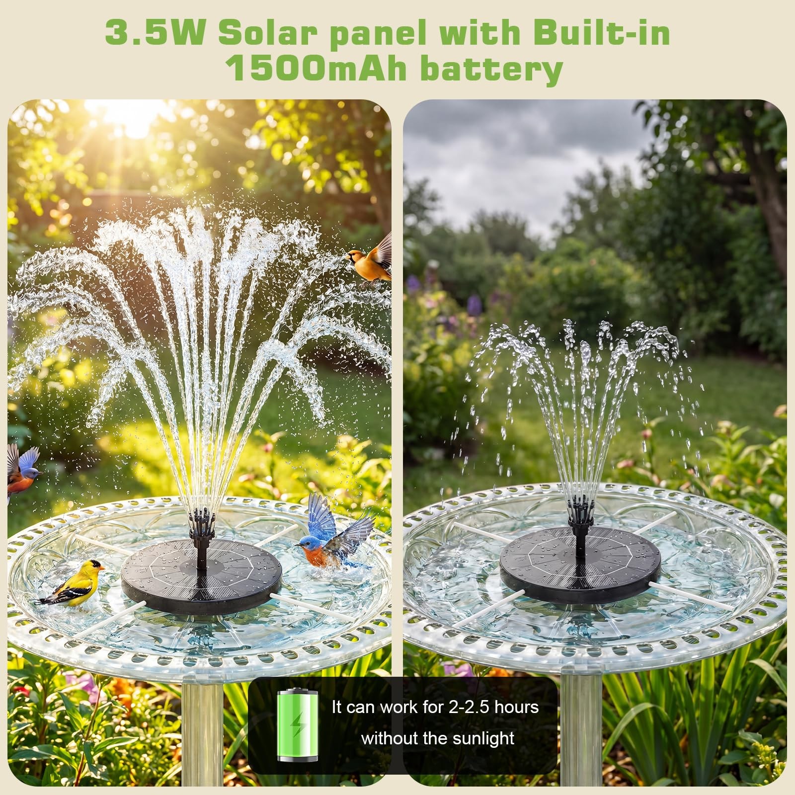 3.5W Solar Fountain Pump Built-in 1500mAh Battery, Bird Bath Fountain with 6