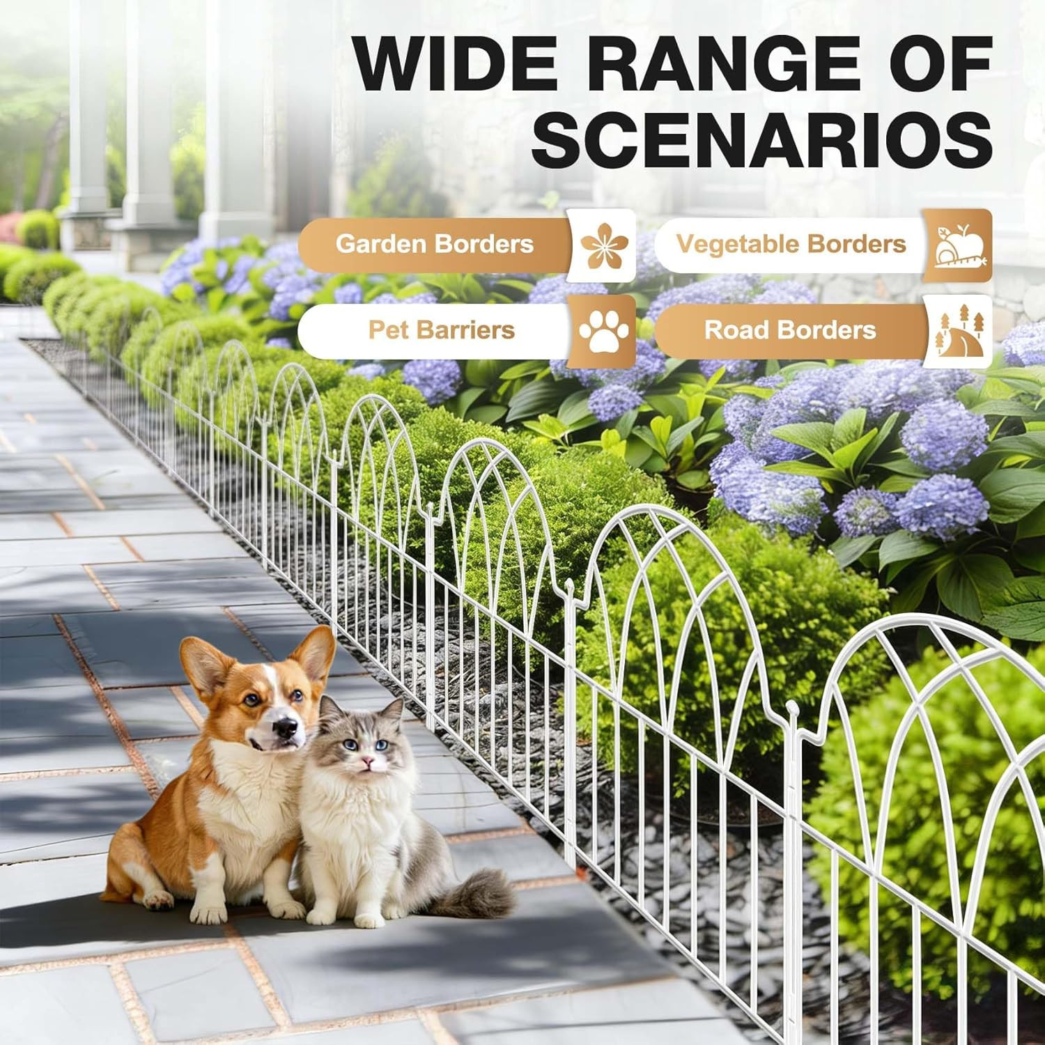 Garden Fence Panels – 17 In(H) X 20.07Ft(L) White Metal Fence No Dig Decorative