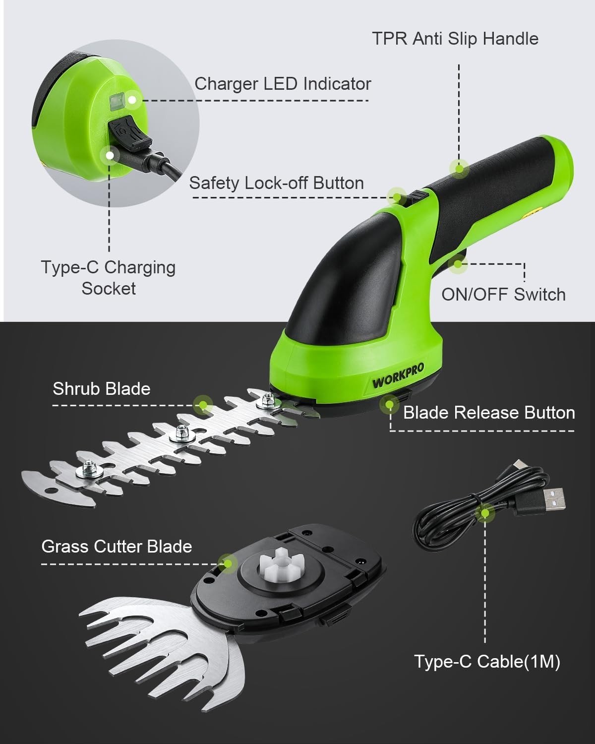 Cordless Grass Shear and Shrub Trimmer with Rechargeable Lithium-Ion Battery