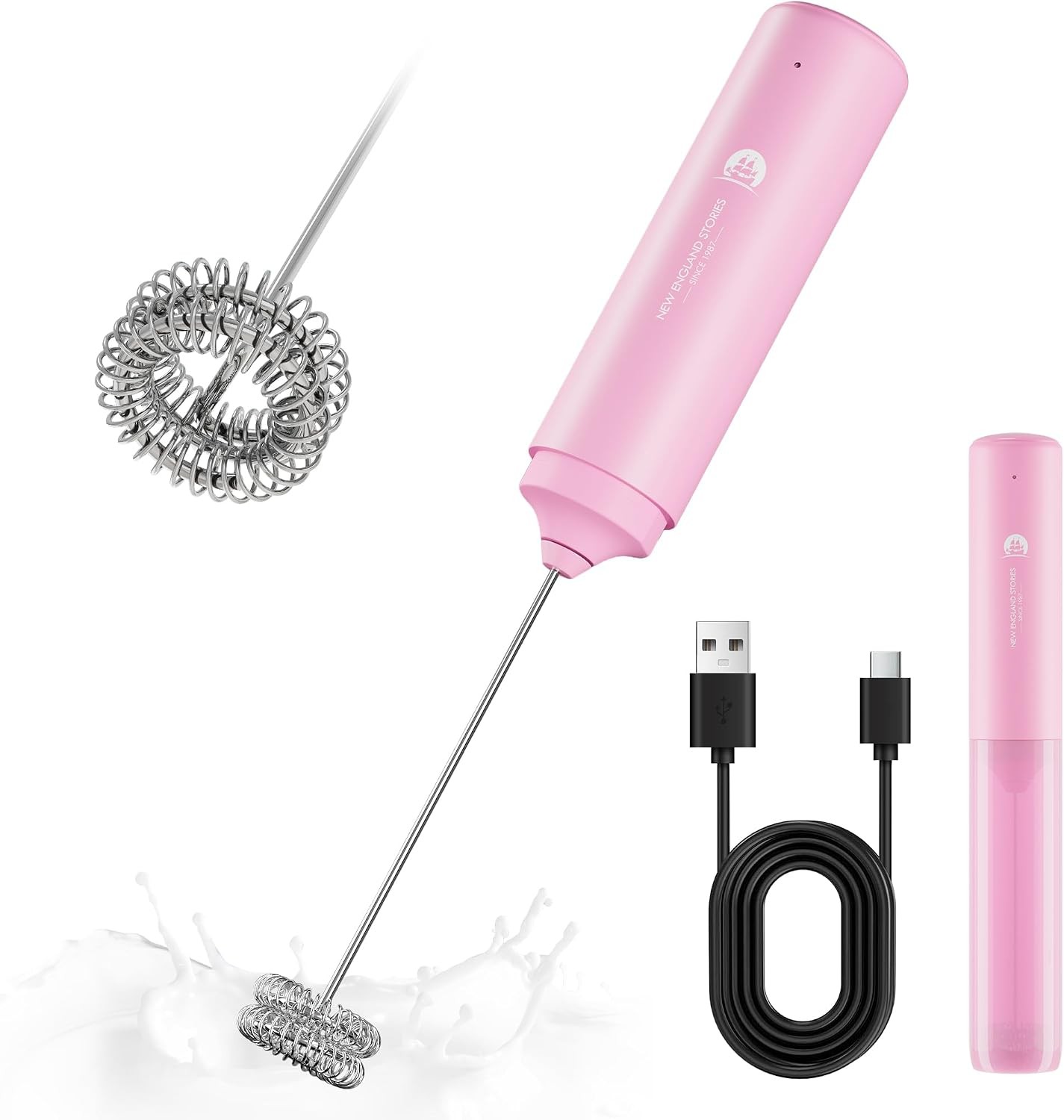 Rechargeable Handheld Milk Frother 2-IN-1 Dual Spring Electric Wand for Latte