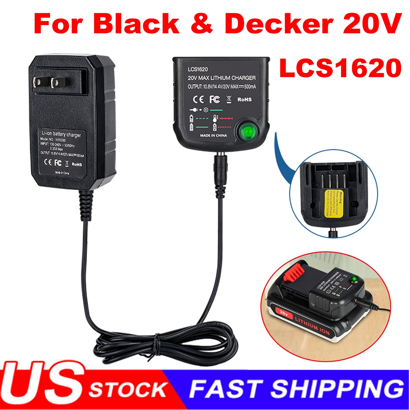 LCS1620 Charger for Black and Decker 20v max Charger 20V Lithium Battery LBXR20