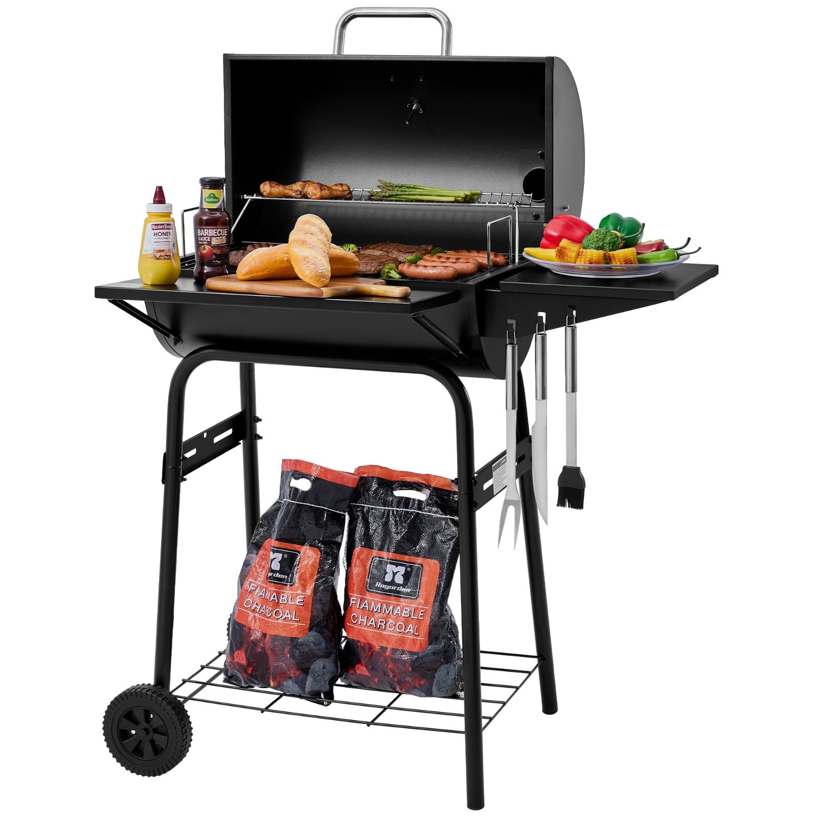 Royal Gourmet Barrel Charcoal Grill with Side & Front Shelves, for Patio Parties