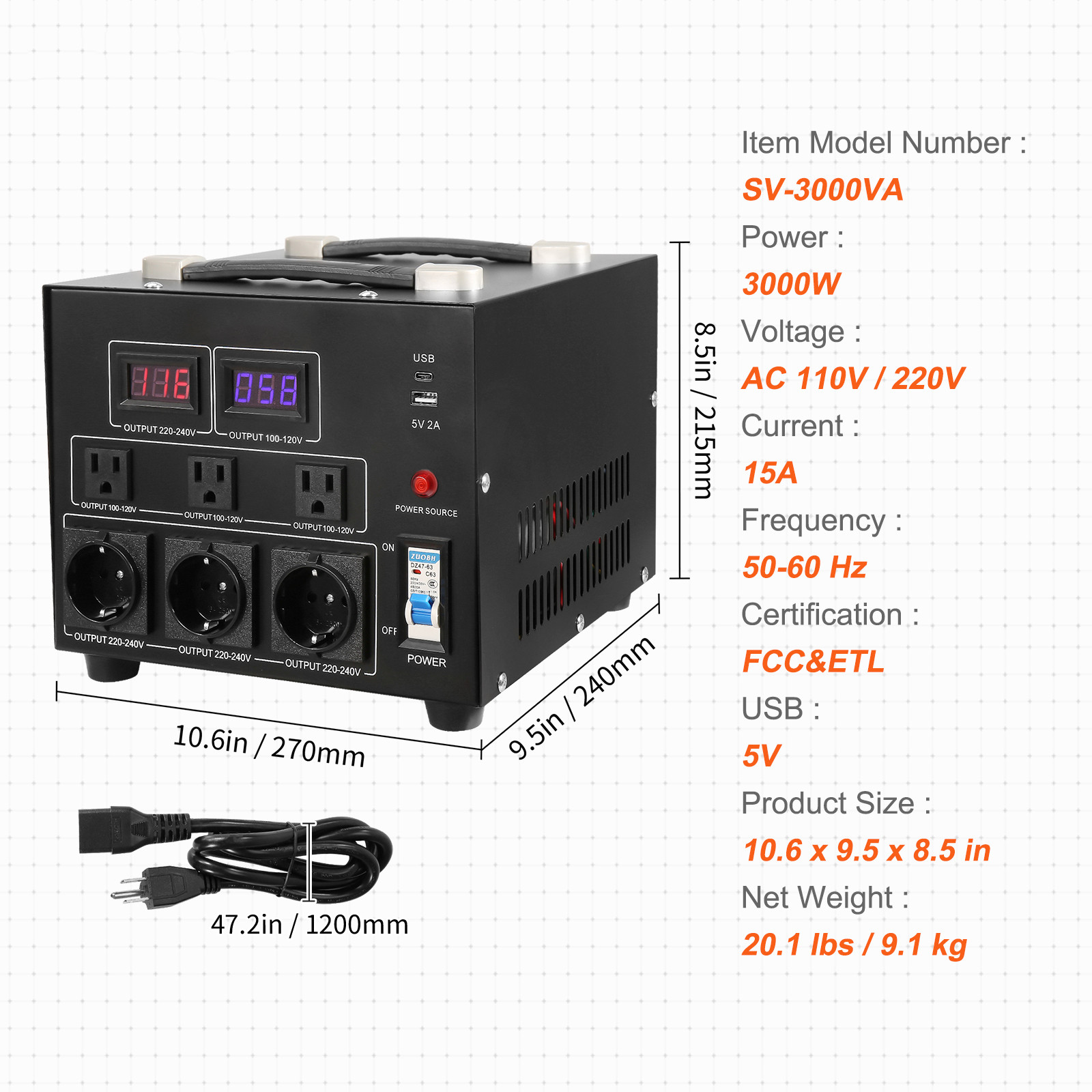 VEVOR 3000W Voltage Converter Transformer Step Up/Down 220V-110V /110V-220V CE