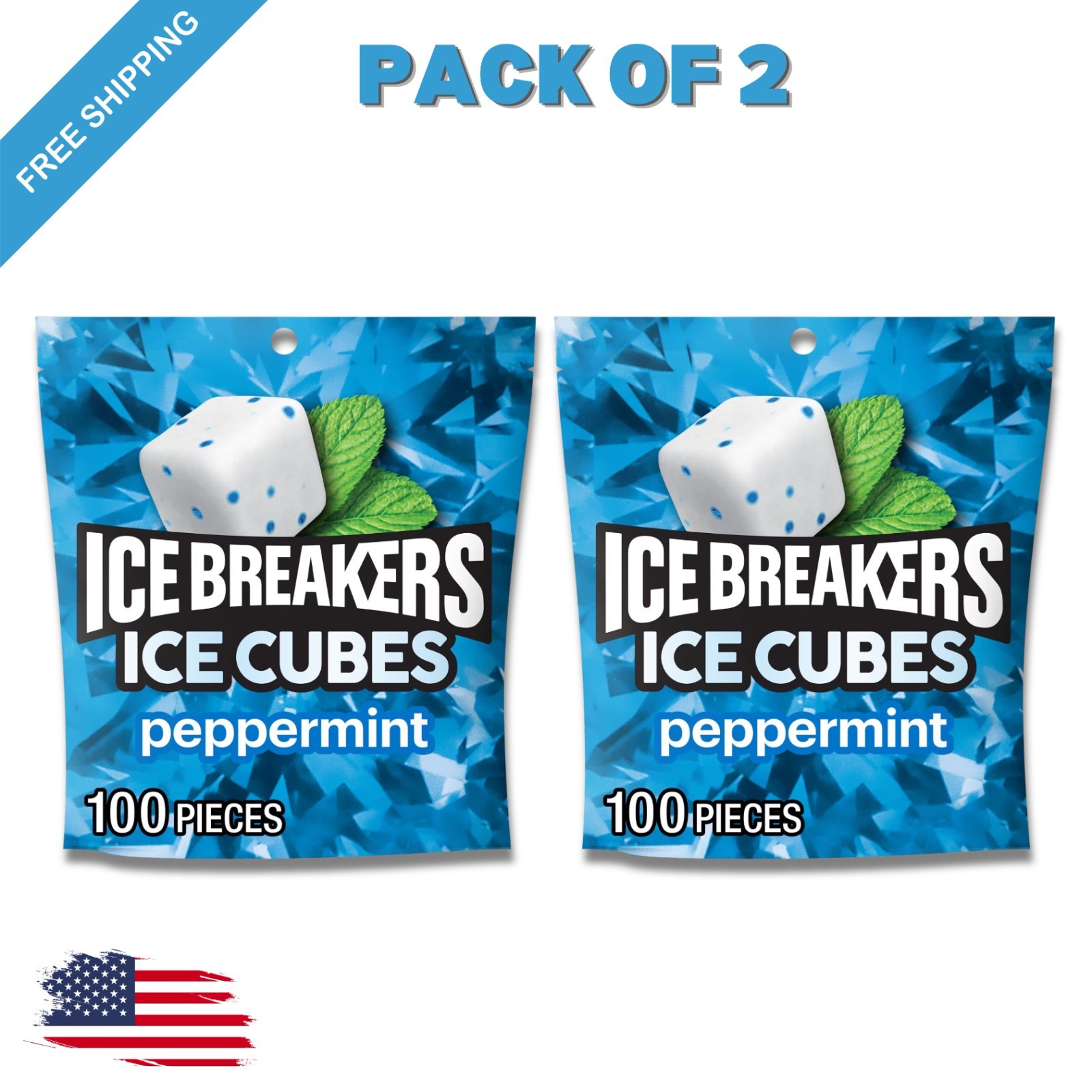 (Pack of 2) Ice Breakers Ice Cubes Peppermint Sugar Free Gum 8.11 oz 2x 100 pcs