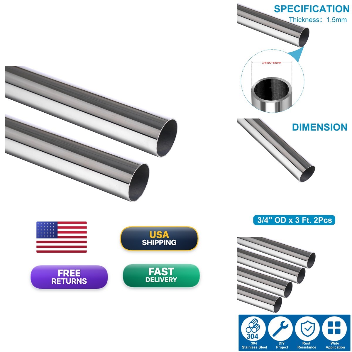 Vigorous 3/4″ OD x 3 Ft 304 Stainless Steel Tube Welded Round 2 Pcs