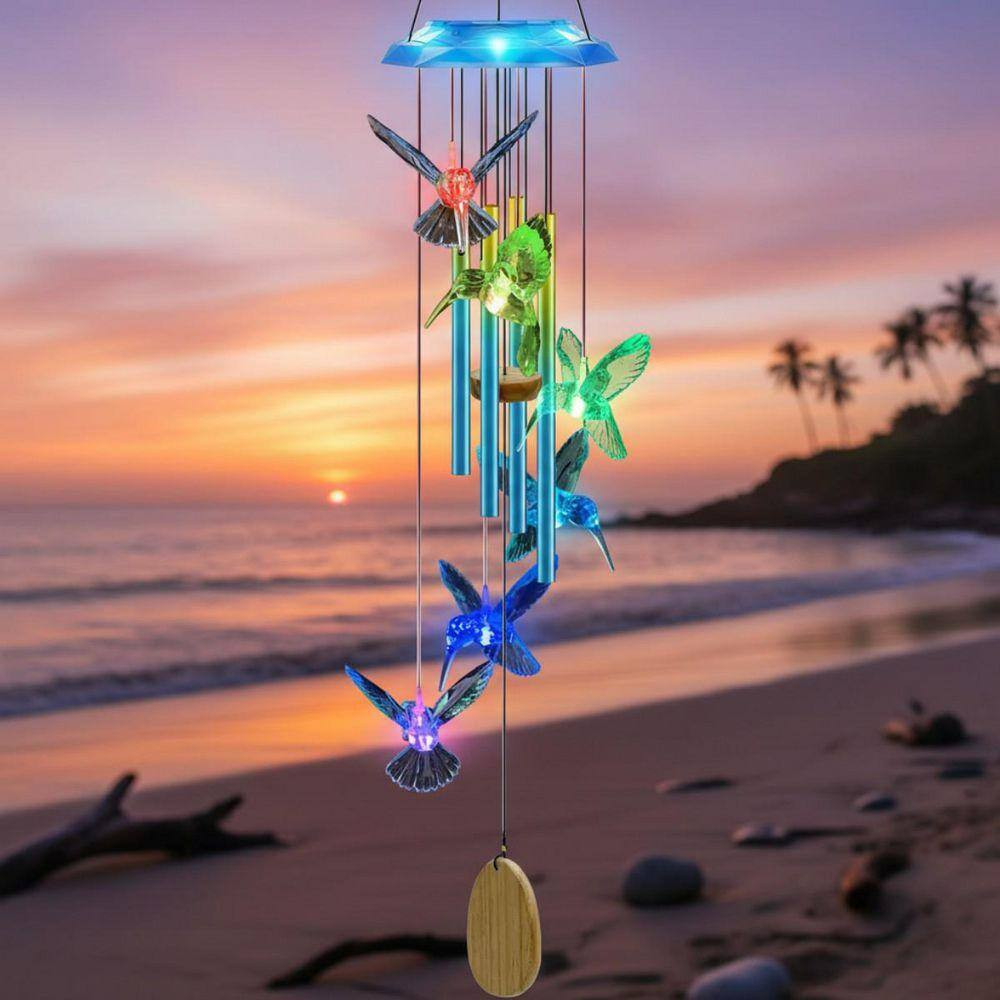 37 In. Blue Hummingbird Solar Wind Chimes for Outside