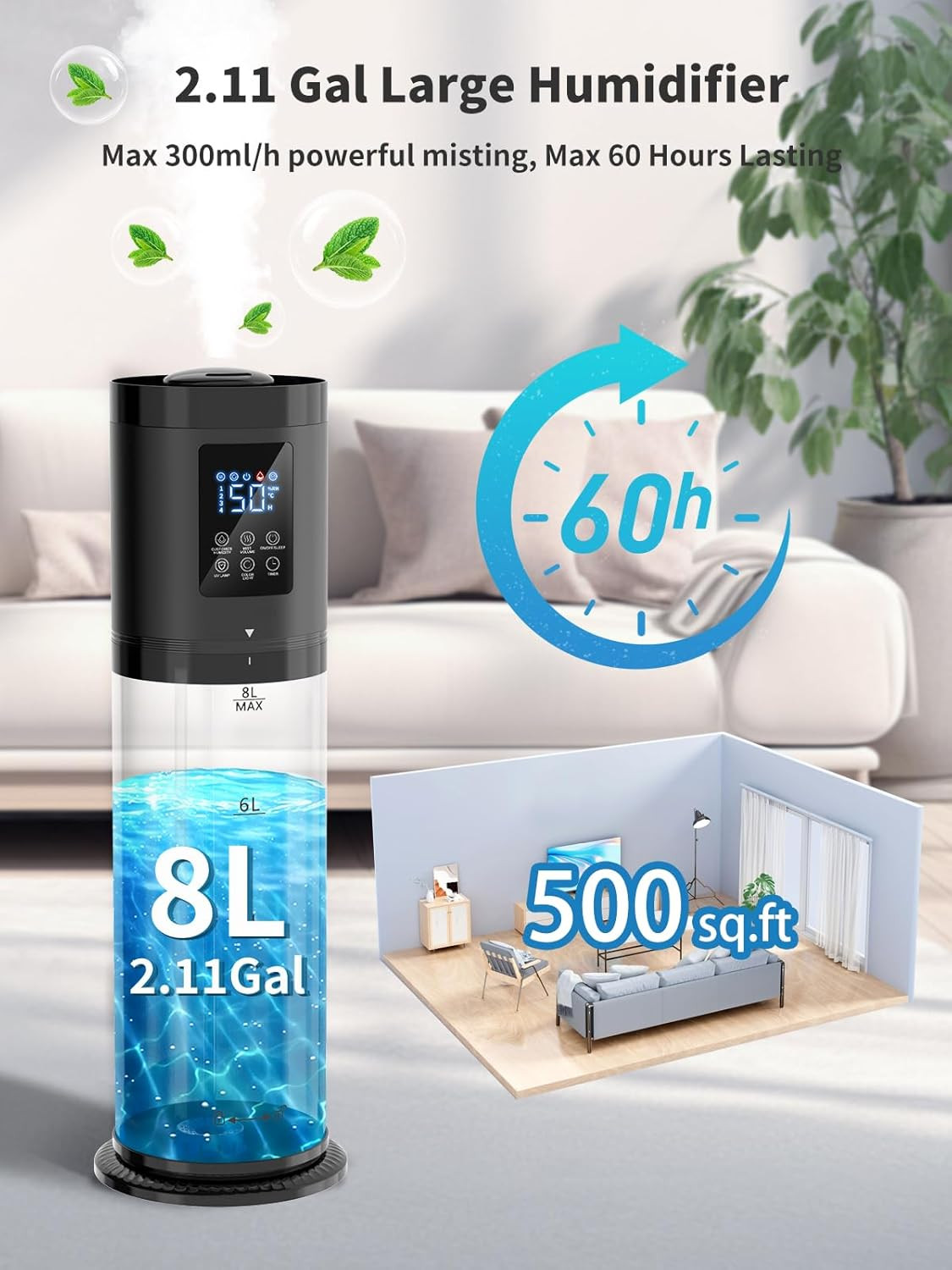 8L Humidifiers for Bedroom, 30dB Quiet, 500ft² Coverage, 60H Runtime, Top Fill,