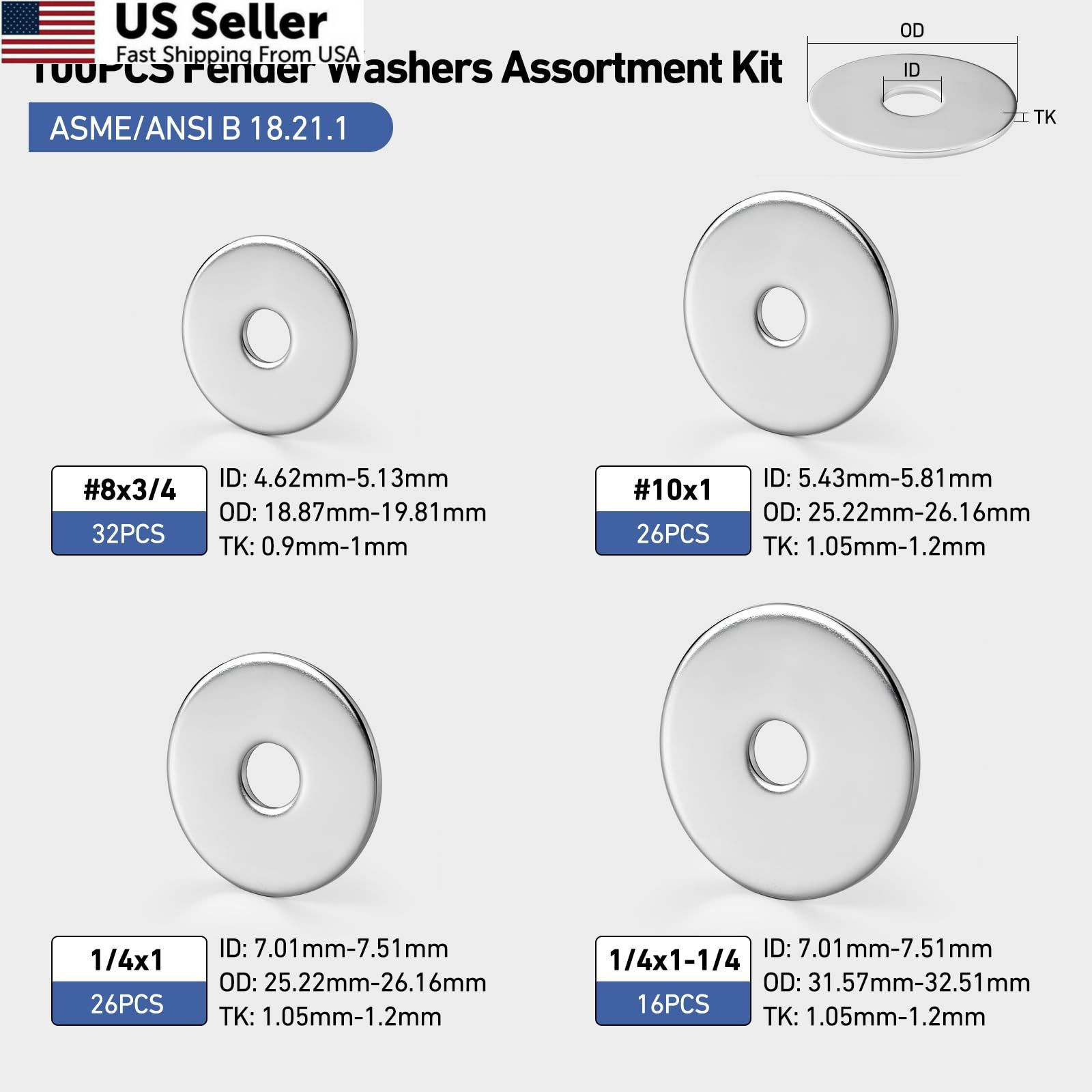 BNUOK 100PCS Fender Washers Assortment Kit, Thickened 304 Silver