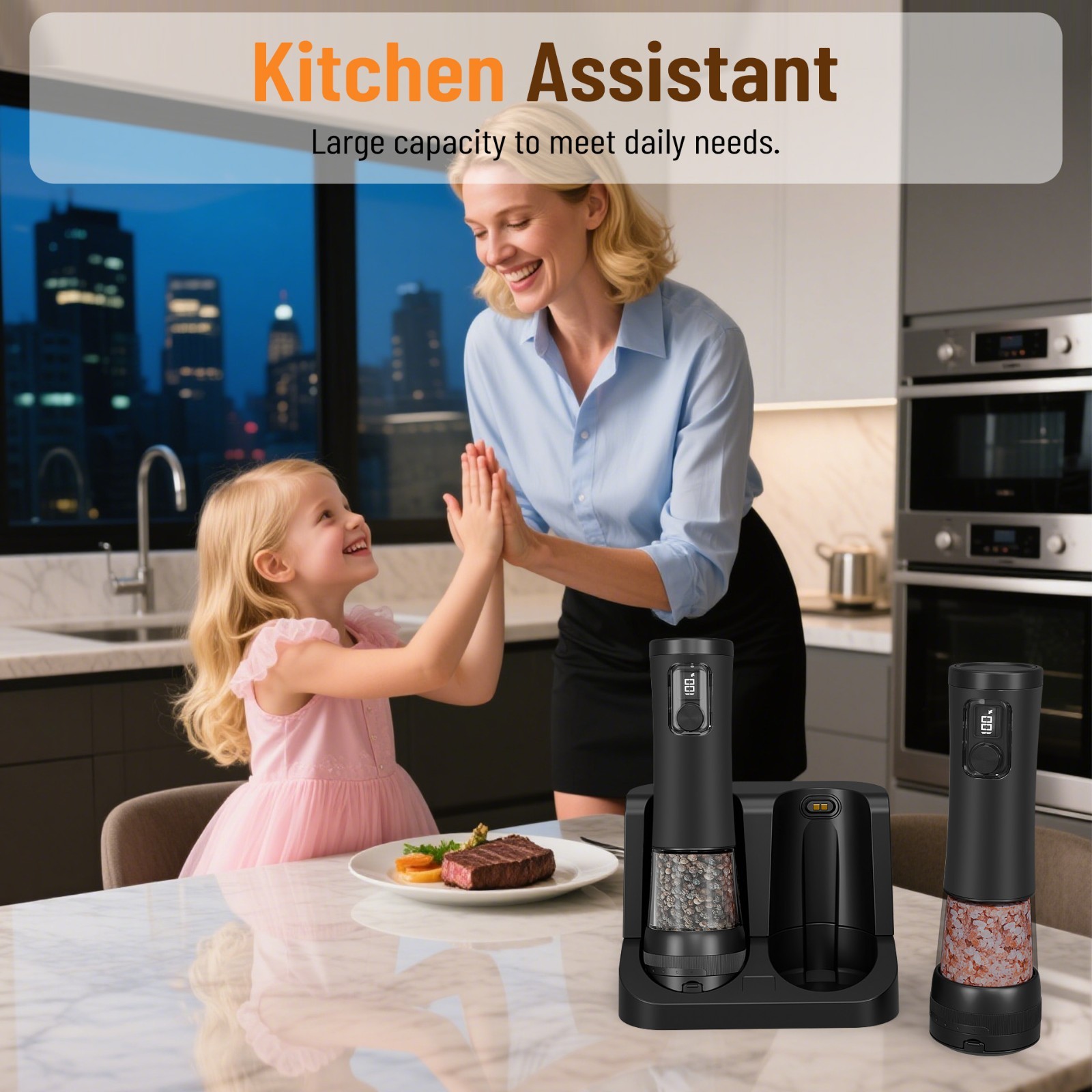 Electric Salt Pepper Grinder Set, Rechargeable Base, Adjustable Coarseness, 2PCS