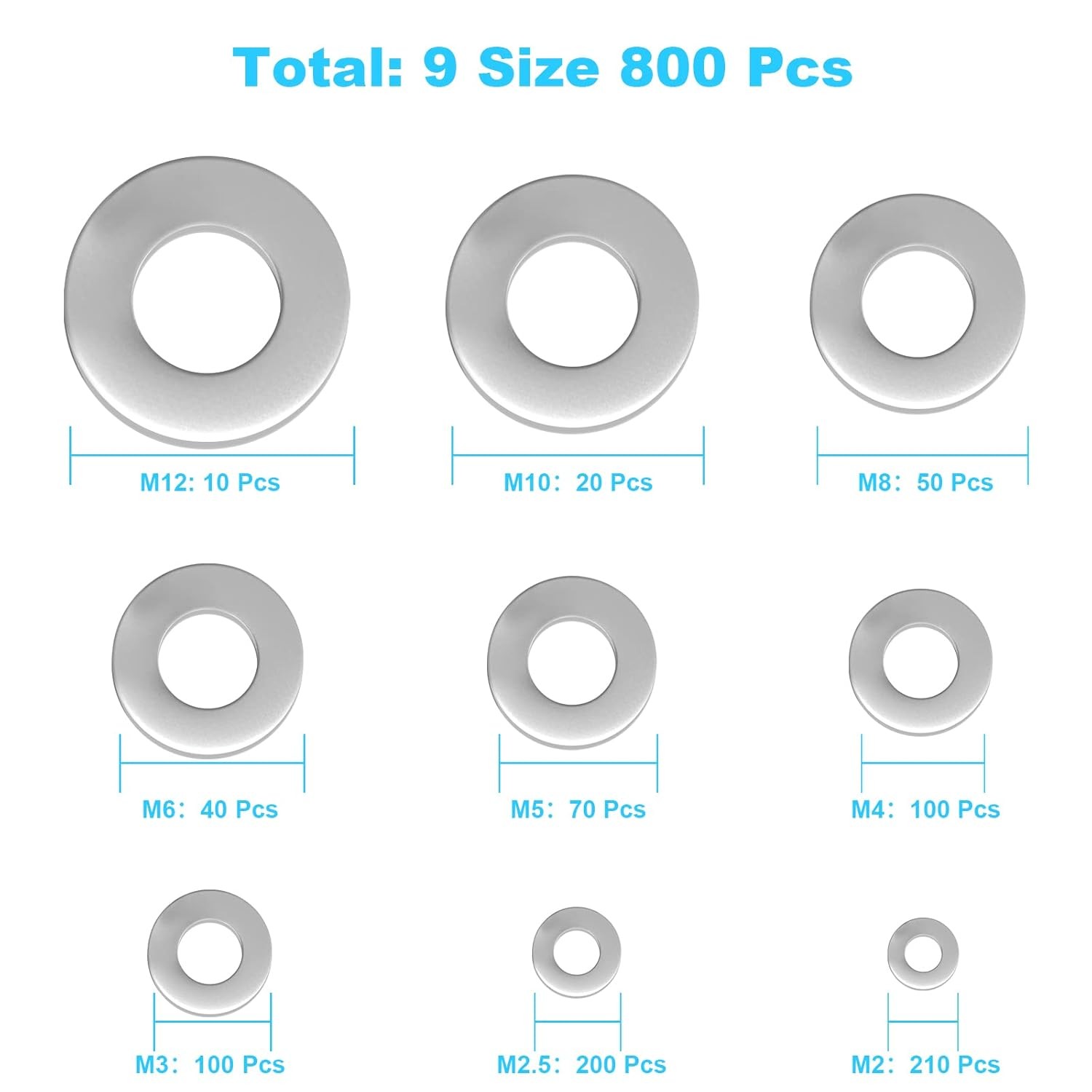 800 Pcs 304 Stainless Steel Flat Washers 800 PCS 304 Steel, Silver
