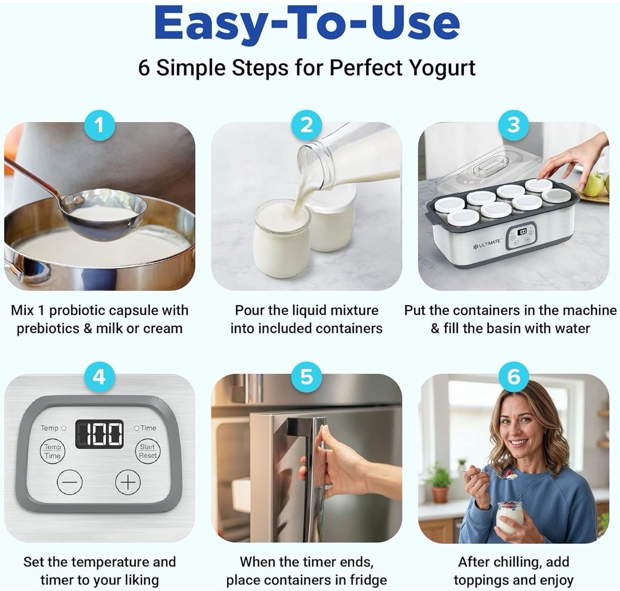 Ultimate Probiotic 8 Jars Yogurt Maker with Adjustable Temperature &Time Control