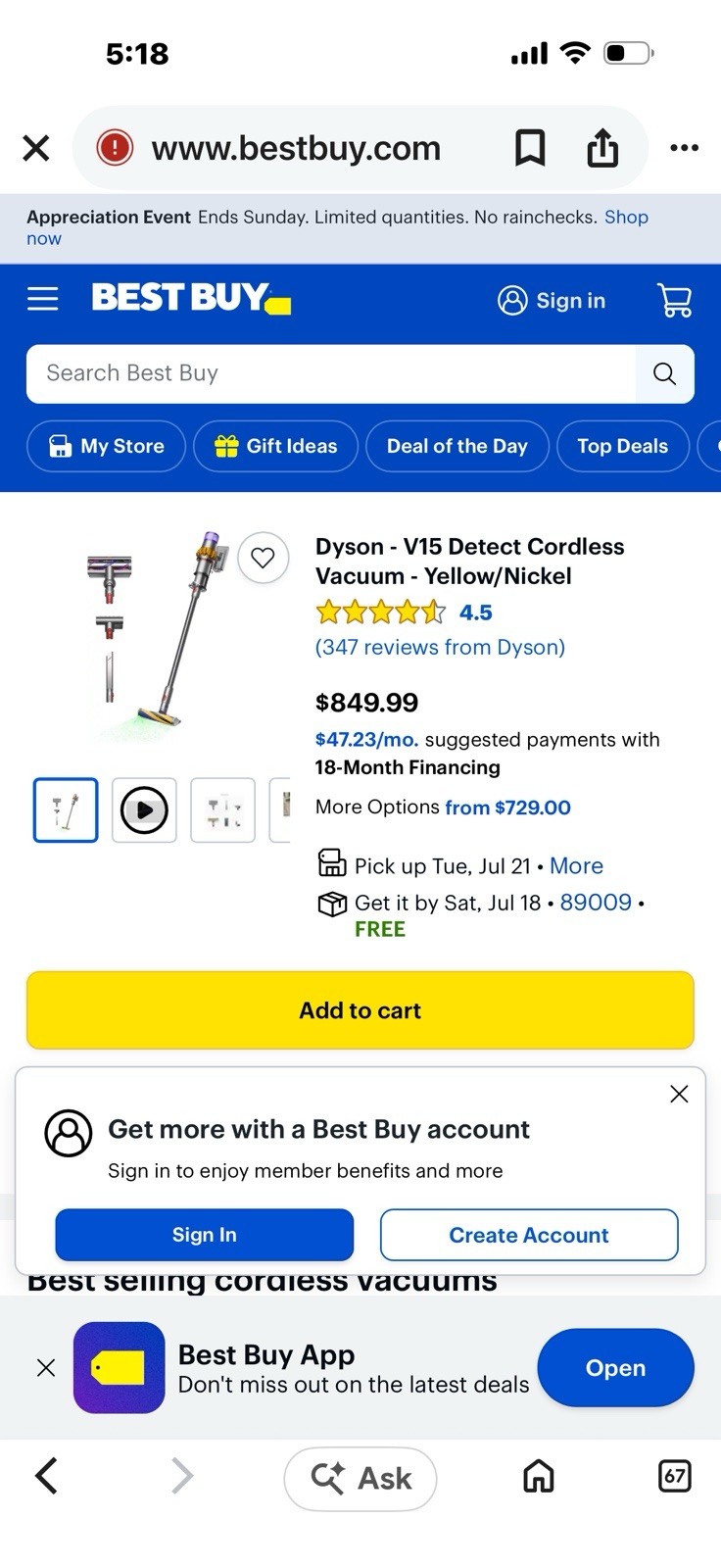 Dyson V15 Detect Cordless Stick Vacuum Cleaner – Yellow/Nickel (447261-01) New