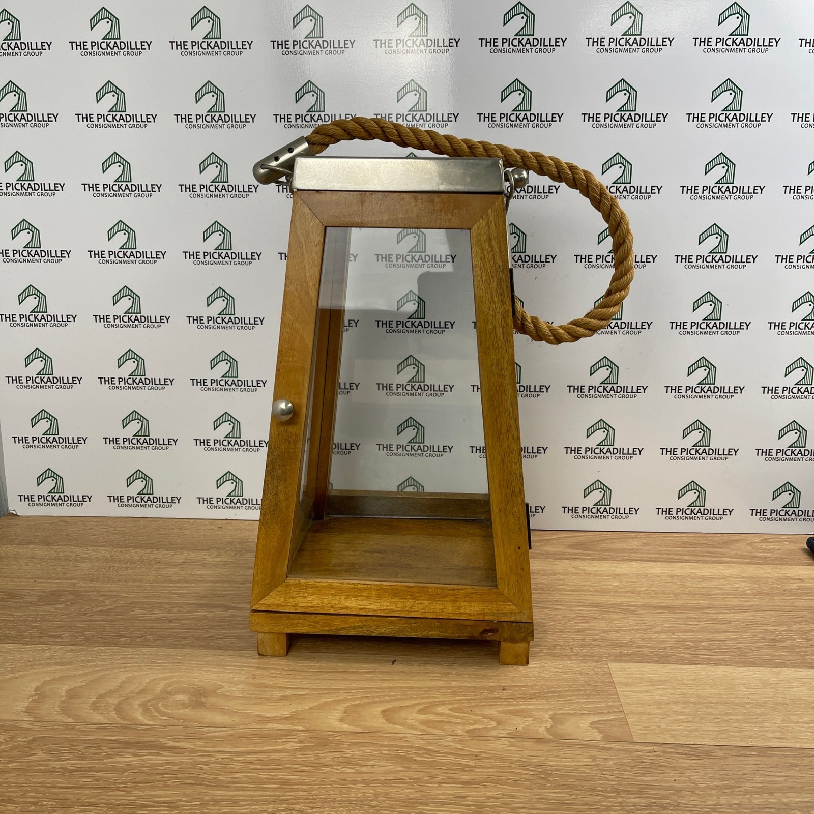 Rustic Wood and Glass Teak Lantern Rope Handle Nautical Farmhouse Decor 14 Inch