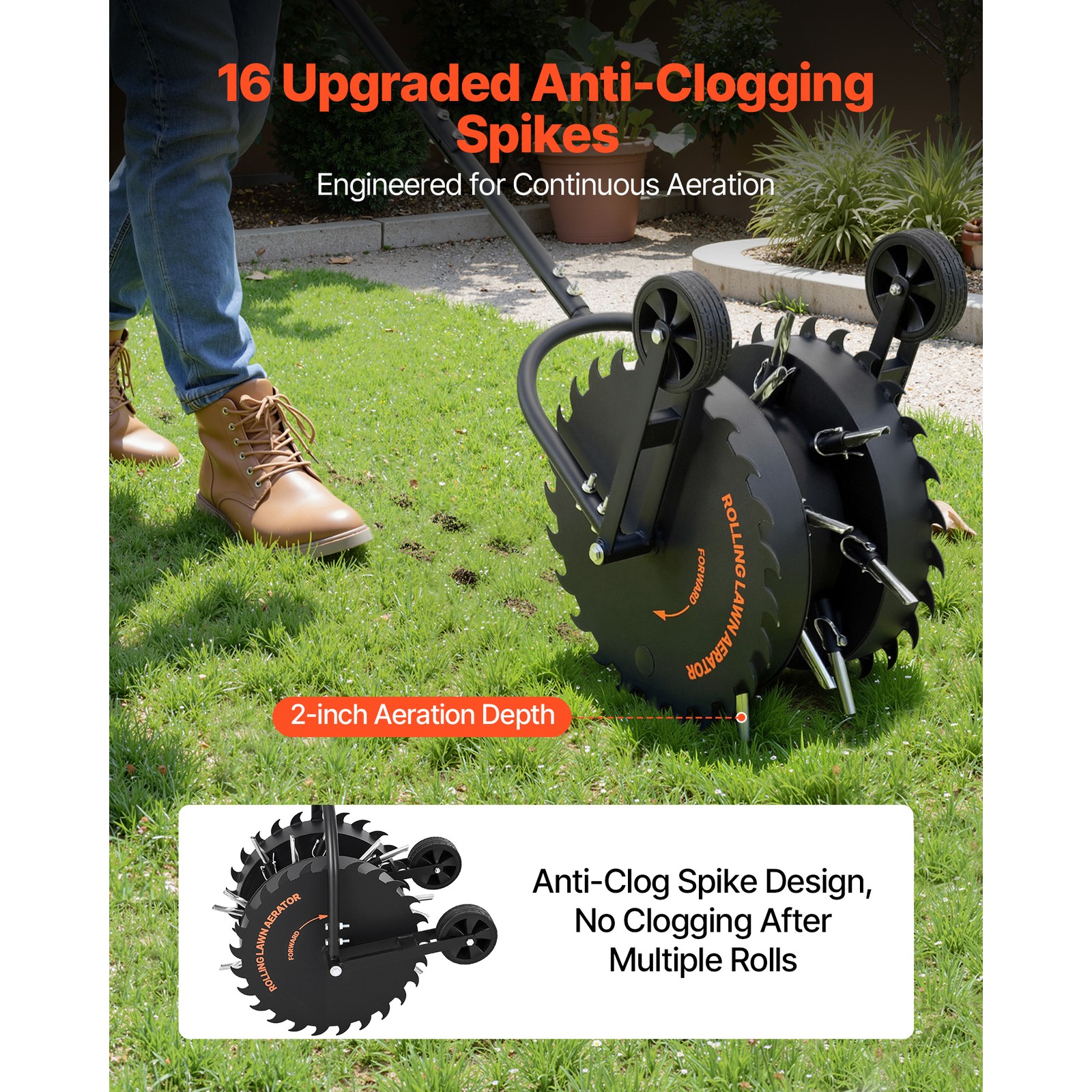 Uimoso 16.6 in Rolling Lawn Core Aerator with Anti-Clog Tines and Coring Roller